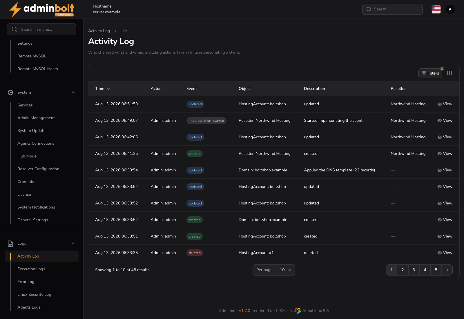Activity Log with the event, object type, and actor filters