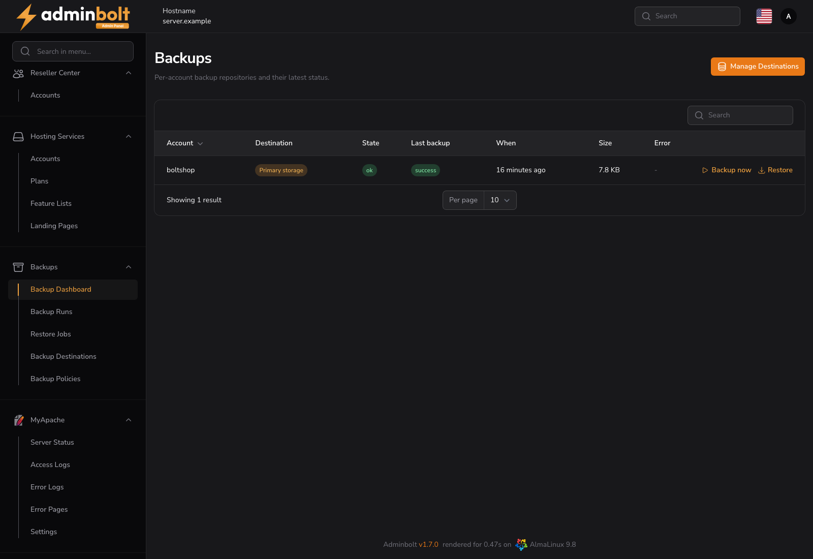 Admin Backups dashboard listing per-account repositories