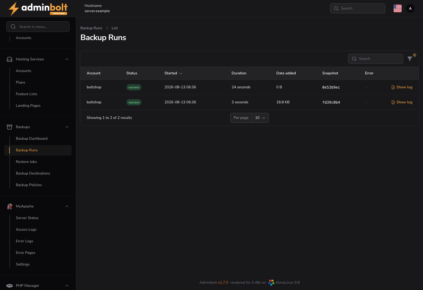 Backup Runs history with status and data added