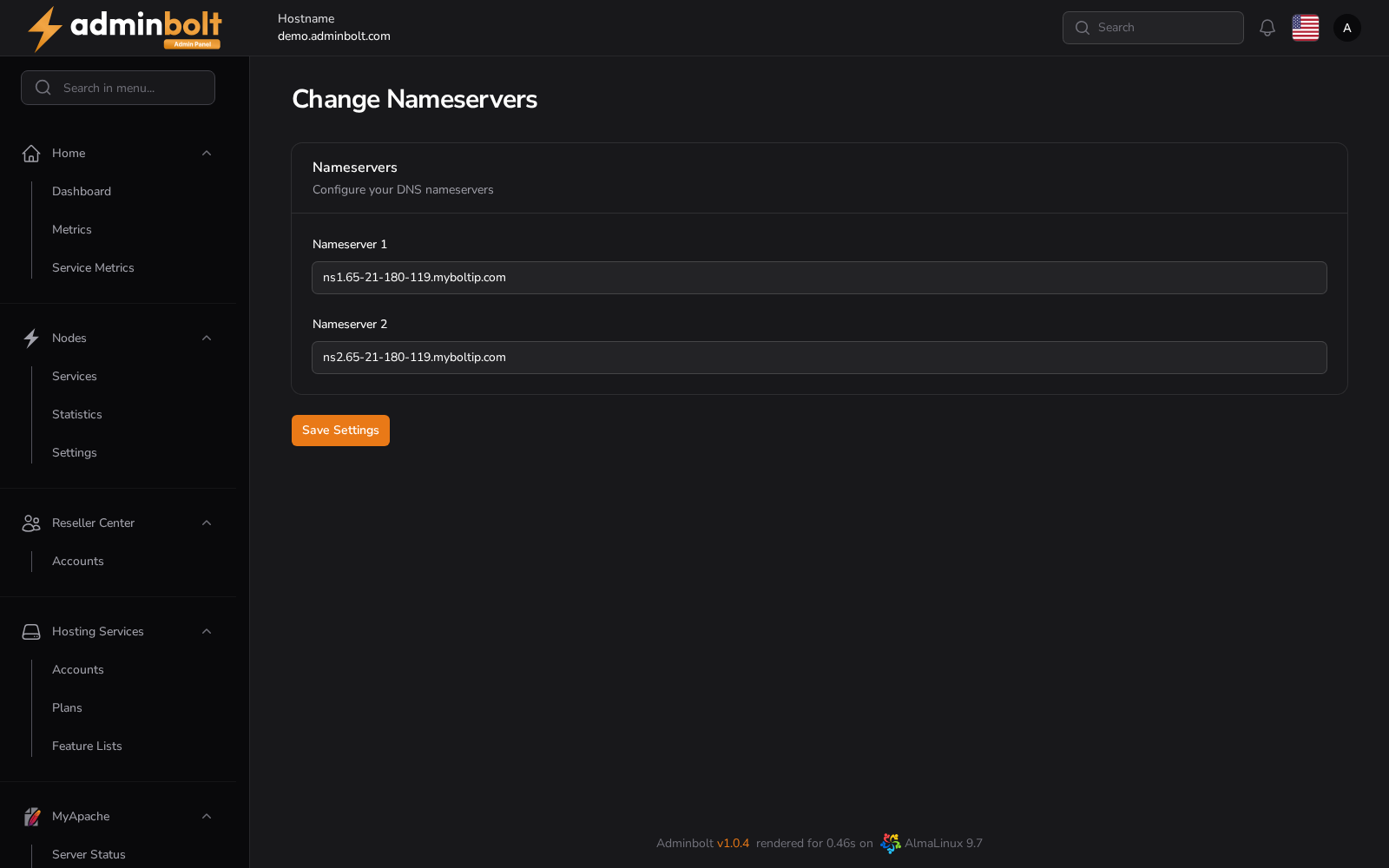 Change Nameservers Page