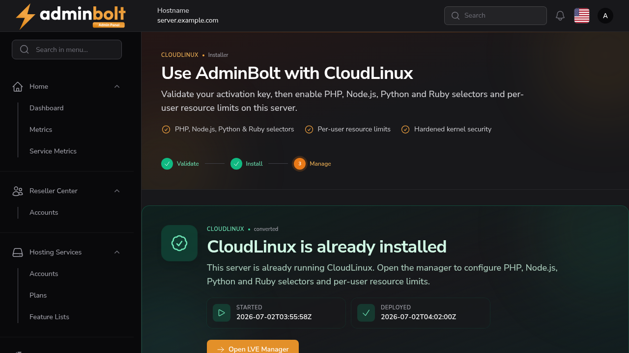 CloudLinux installer showing the converted state with Open LVE Manager