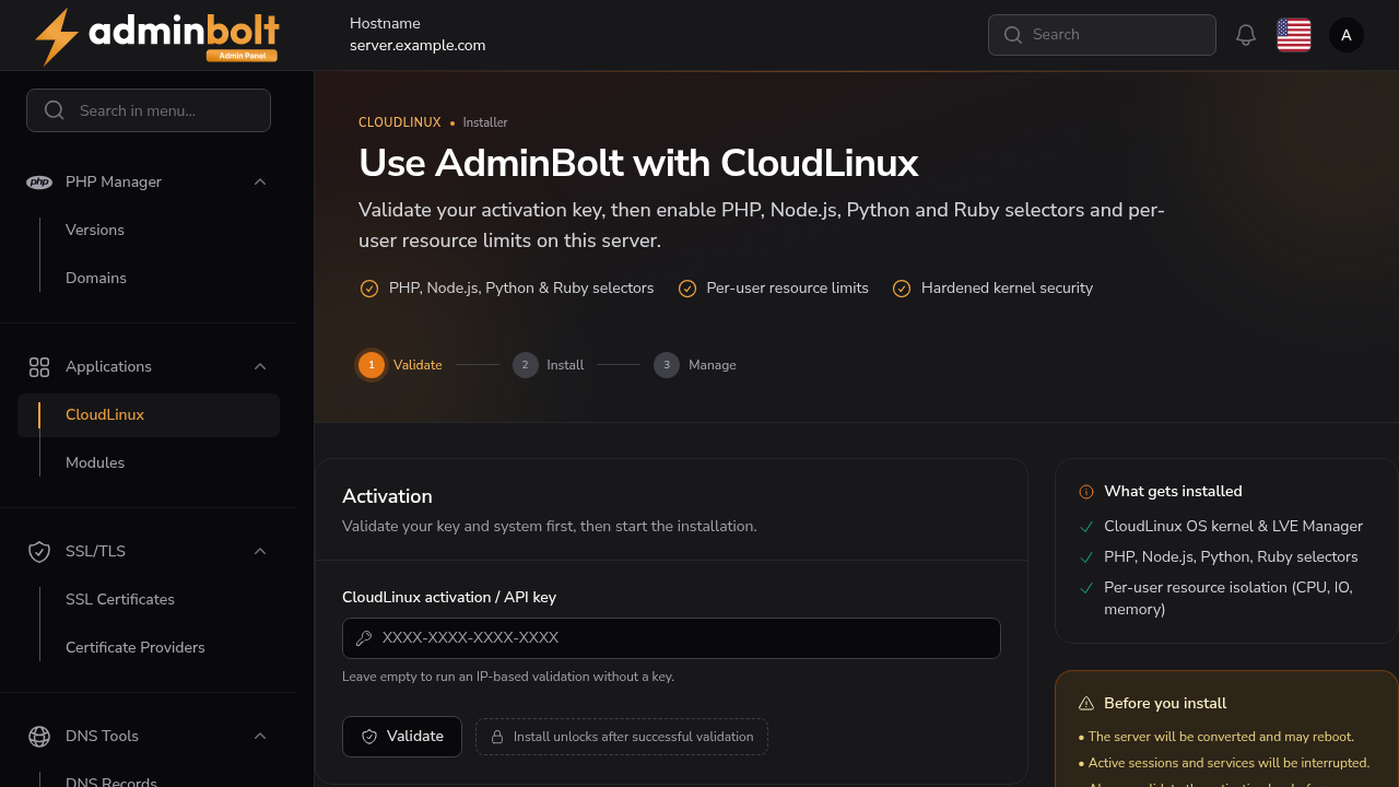 Empty CloudLinux installer waiting for an activation key