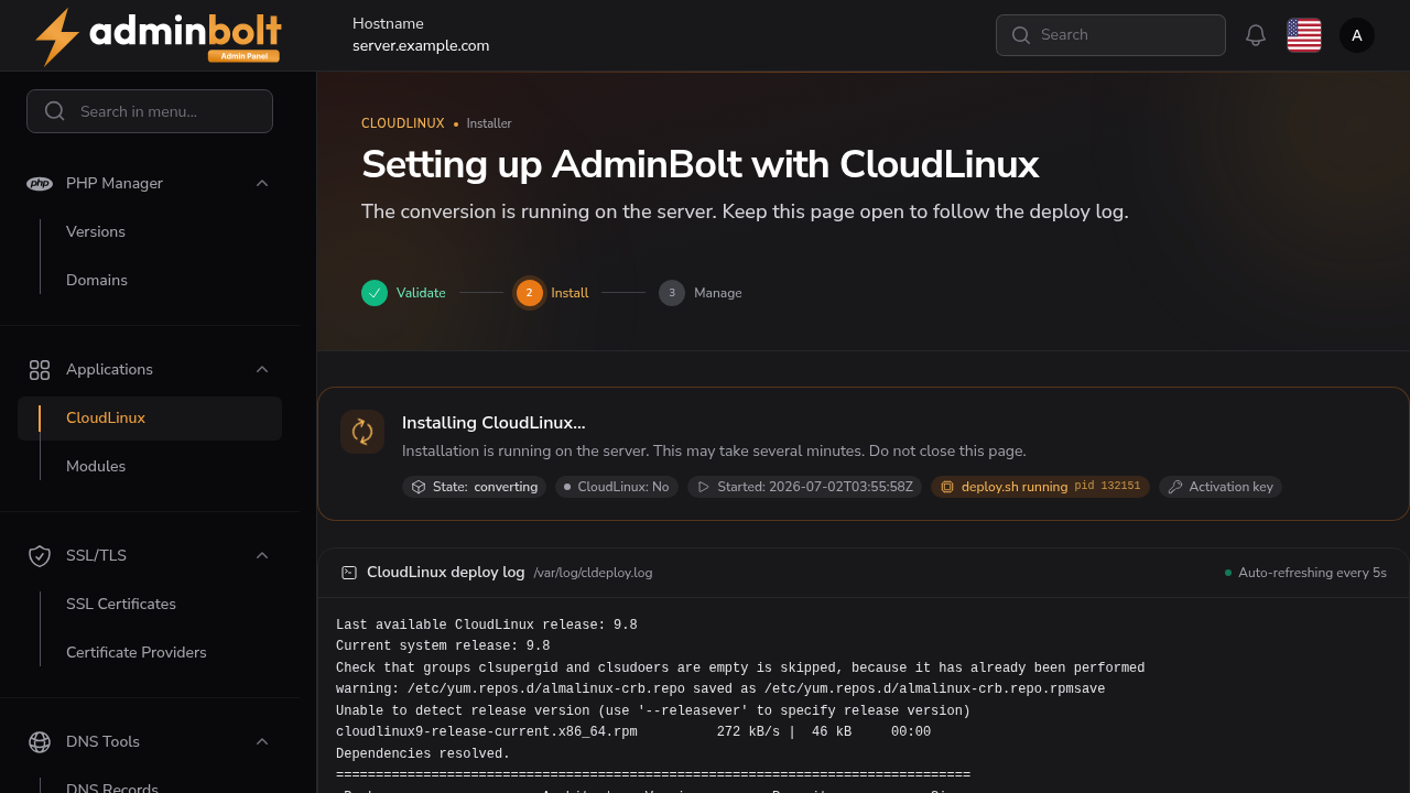 CloudLinux deploy log streaming while the state shows converting