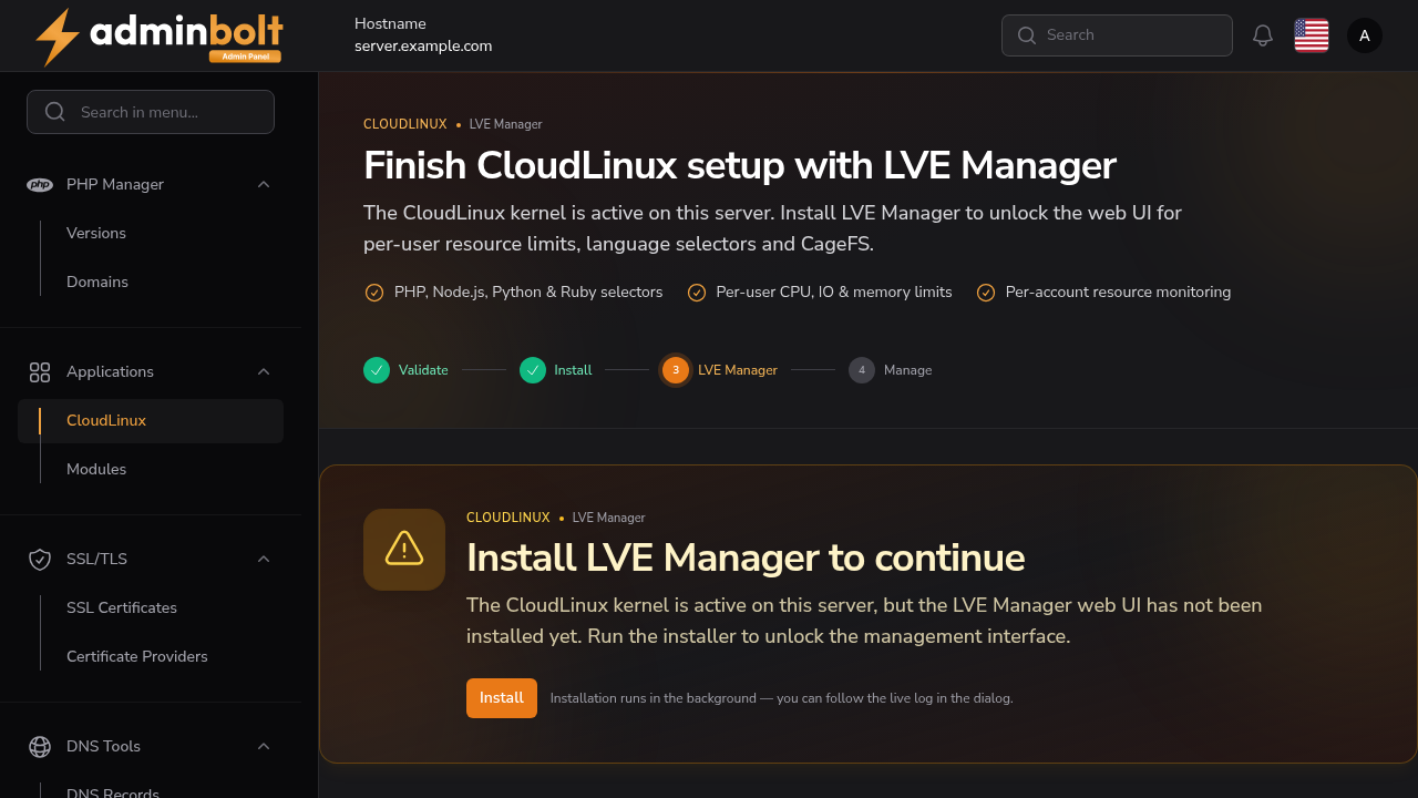 LVE Manager page prompting you to install it before continuing