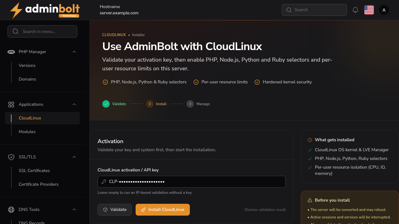 CloudLinux installer validated, with Install CloudLinux unlocked