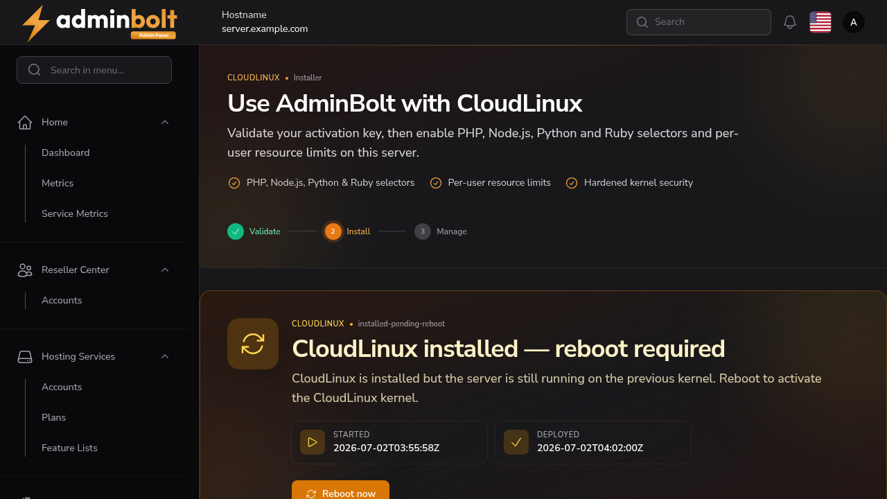 CloudLinux installed and waiting for a reboot to take effect