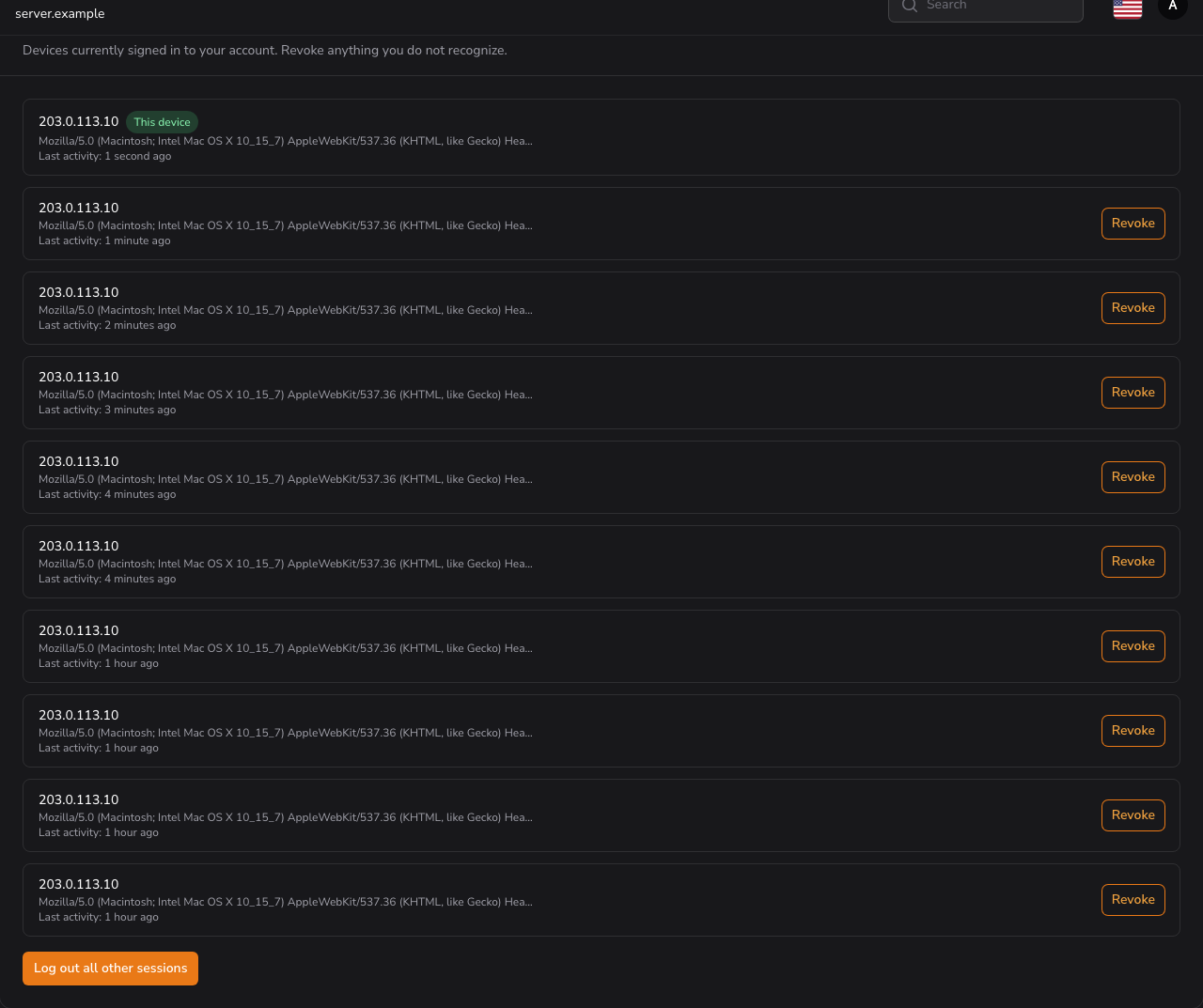 Active sessions on the admin profile page