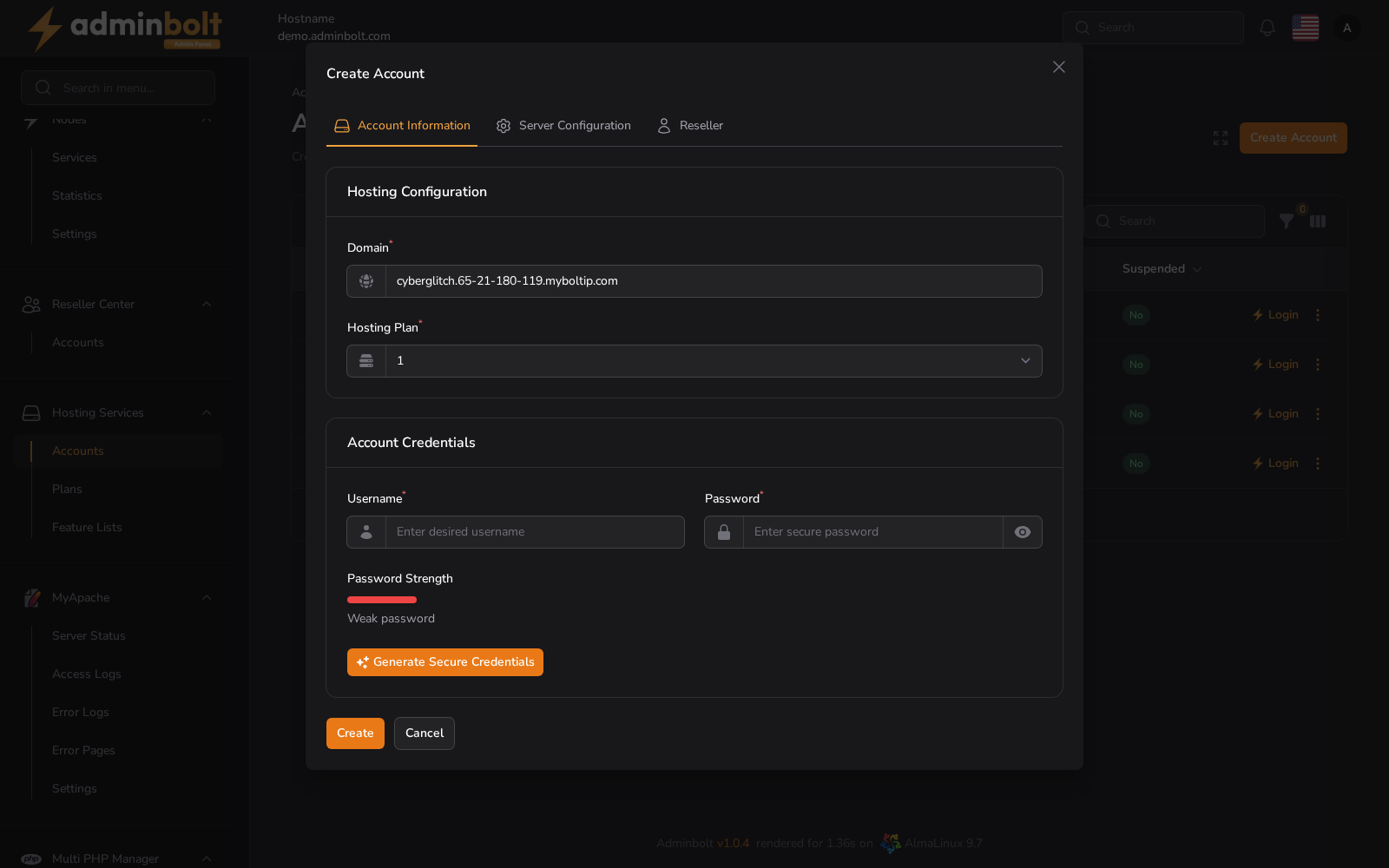 Create Hosting Account