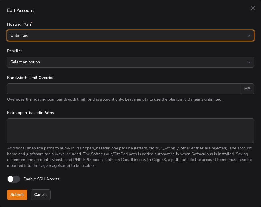 Edit Hosting Account with the Bandwidth Limit Override field