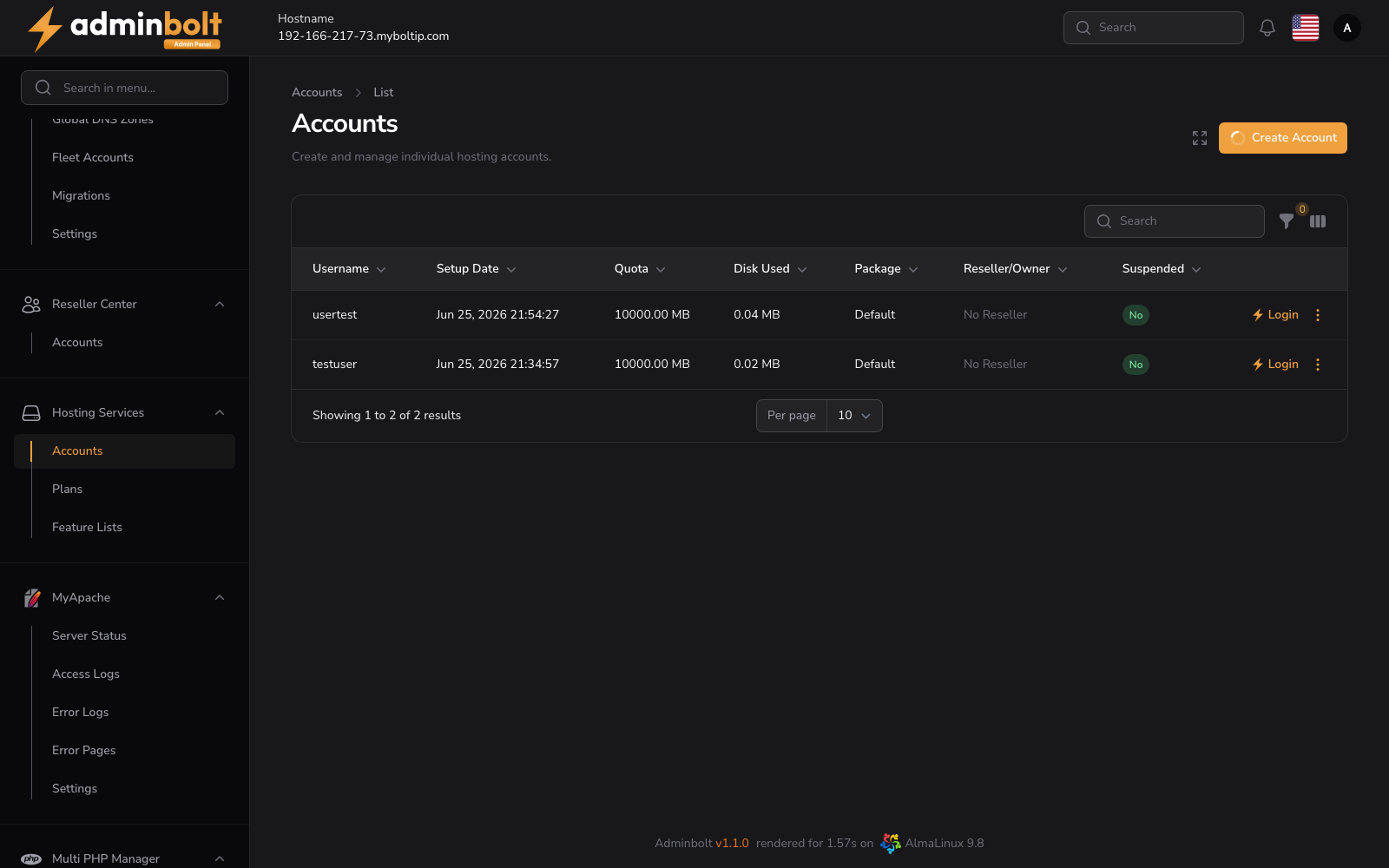 Hosting Accounts Page