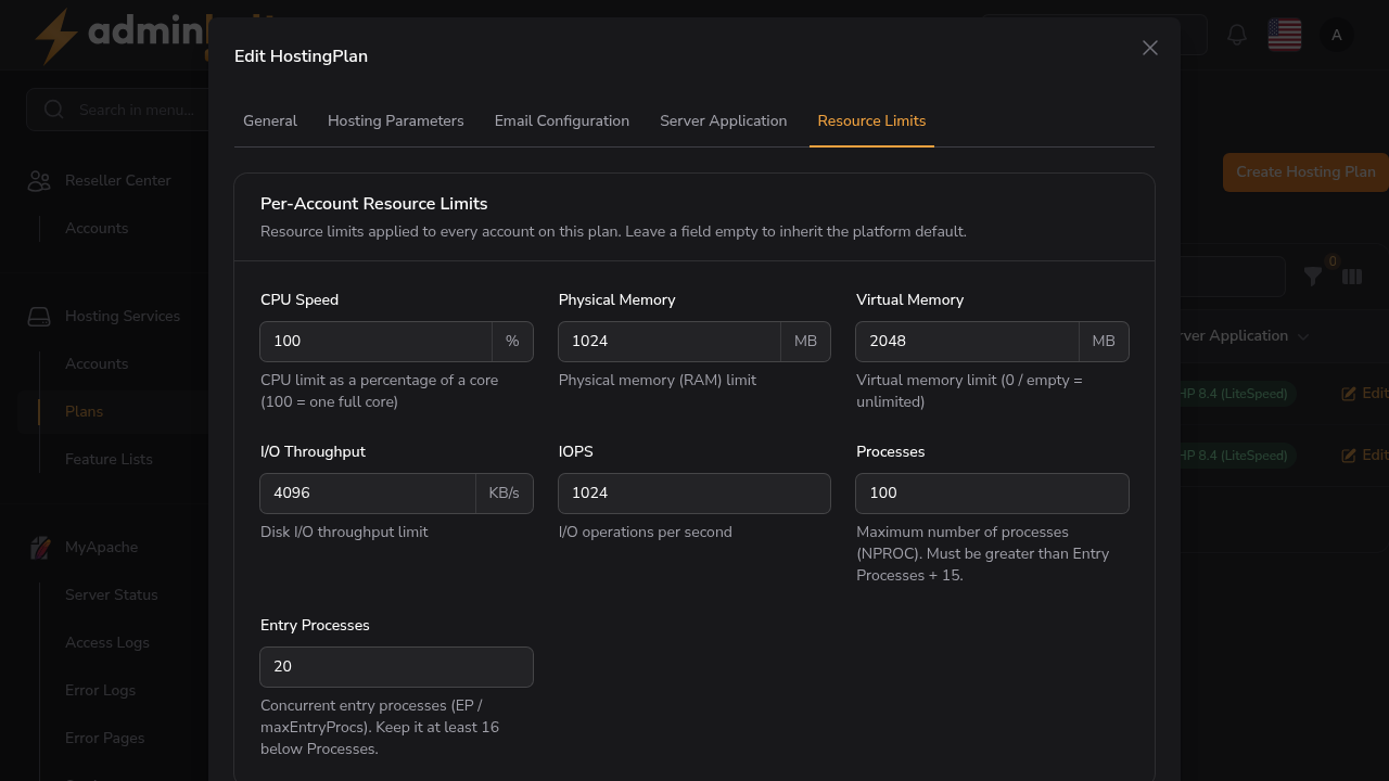 Resource Limits tab on a hosting plan with CloudLinux LVE fields