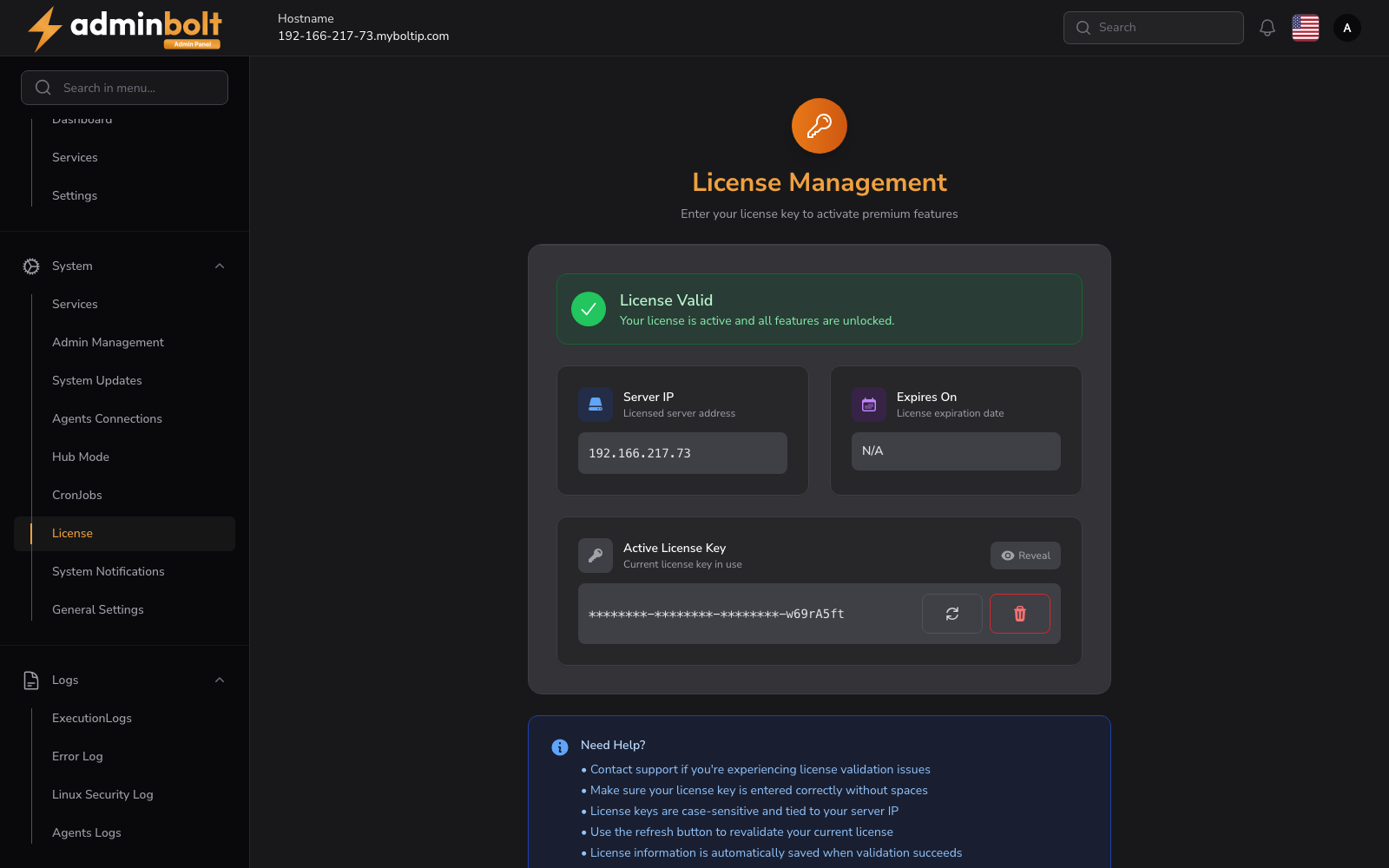 License Management Page