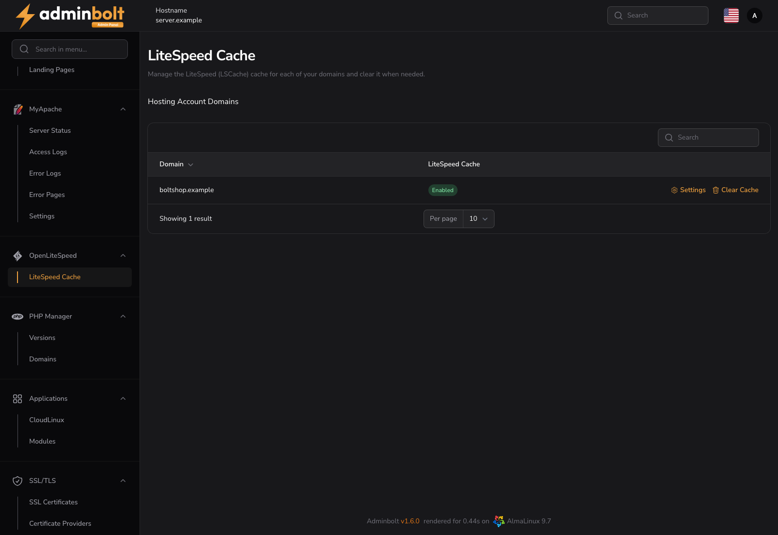 Admin LiteSpeed Cache listing domains from every account