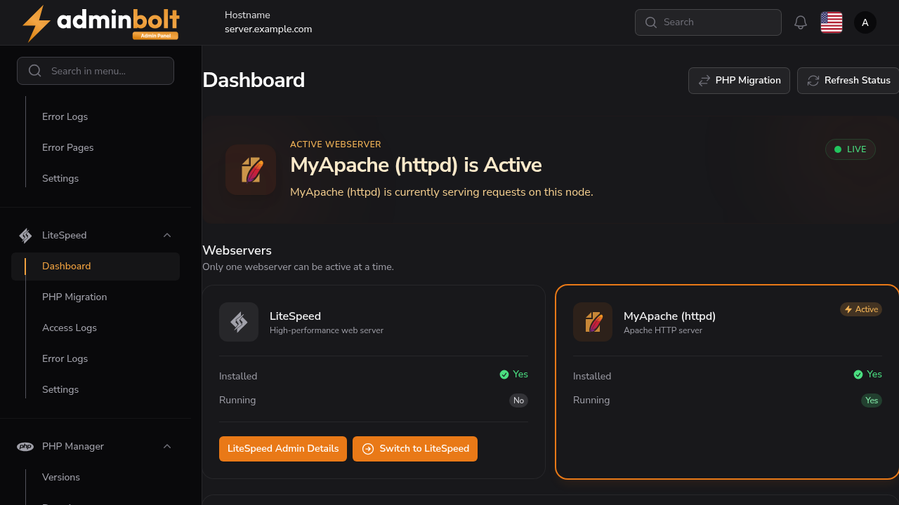 LiteSpeed dashboard with MyApache active and the license card