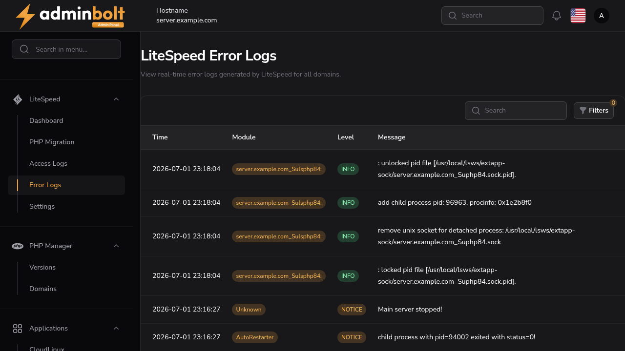 LiteSpeed error logs page with level-colored entries