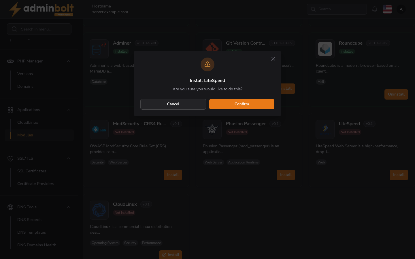 Install LiteSpeed confirmation dialog
