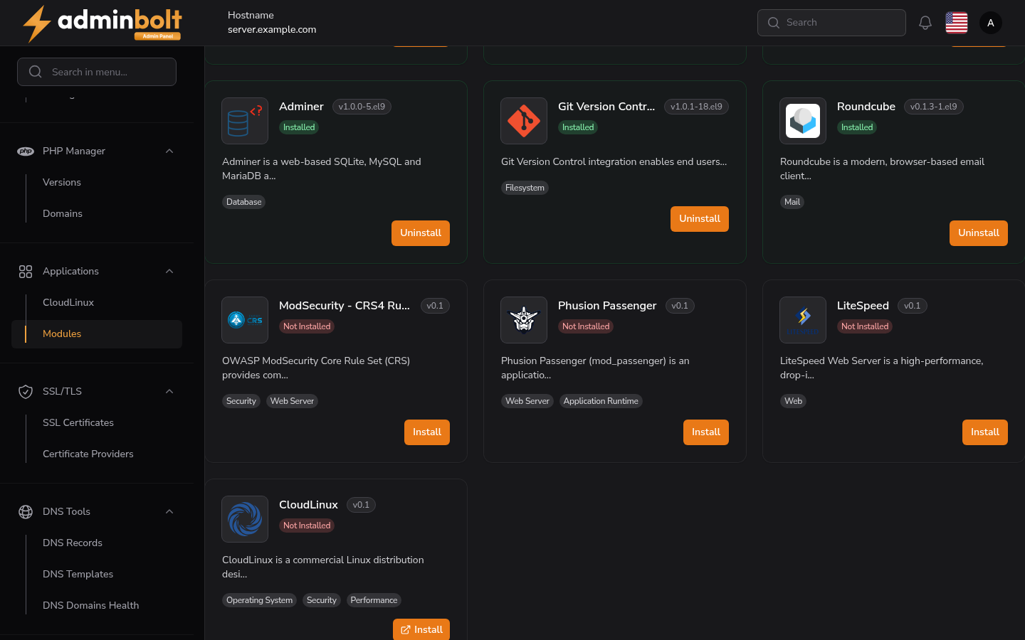 LiteSpeed and CloudLinux module cards in the Module Manager
