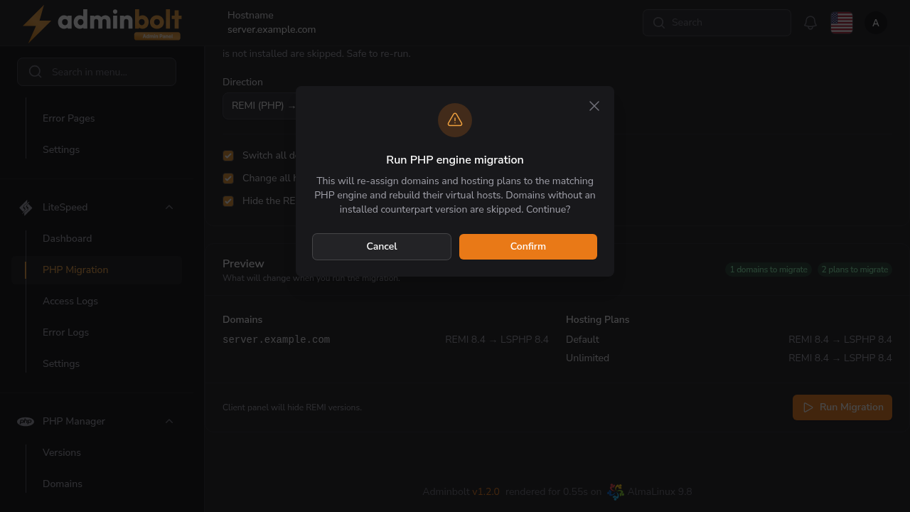 Run PHP engine migration confirmation