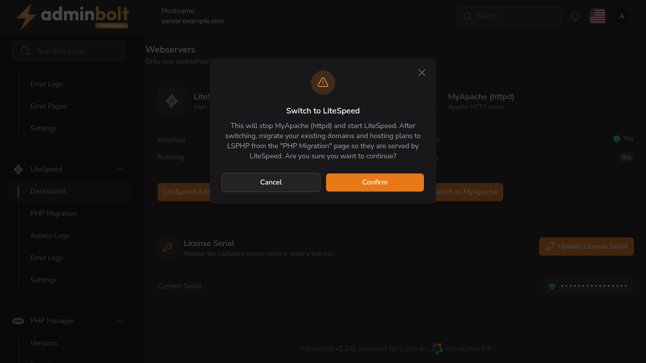 Switch to LiteSpeed confirmation dialog