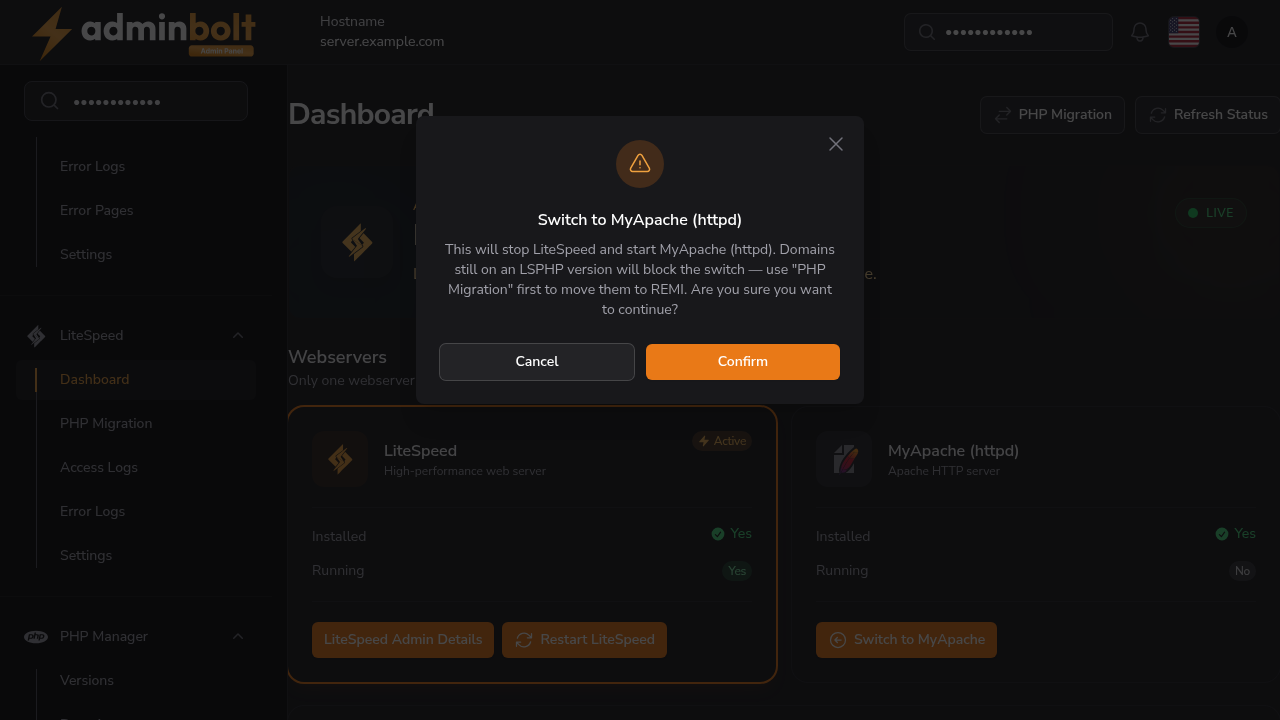 Switch to MyApache confirmation, warning that LSPHP domains block the switch