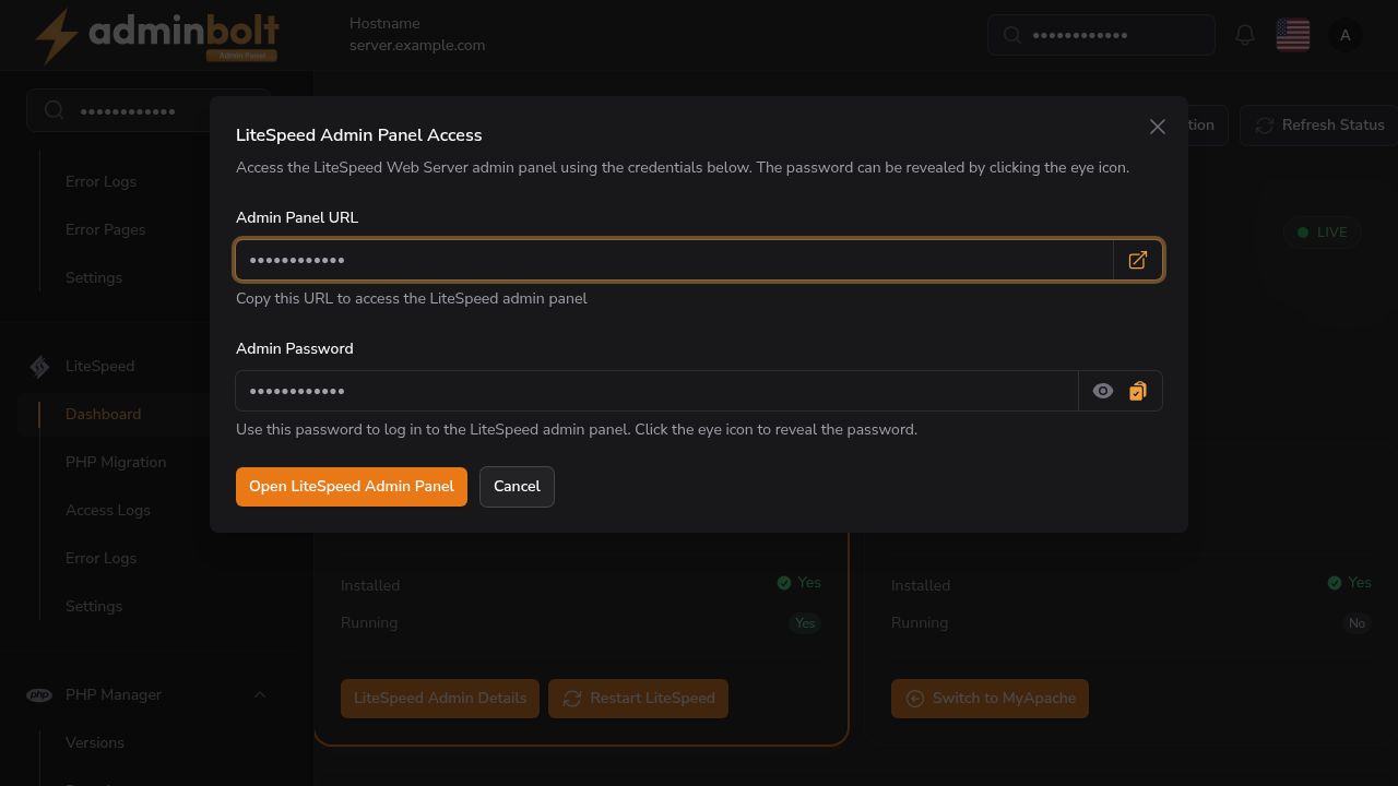 LiteSpeed WebAdmin access details with the password hidden