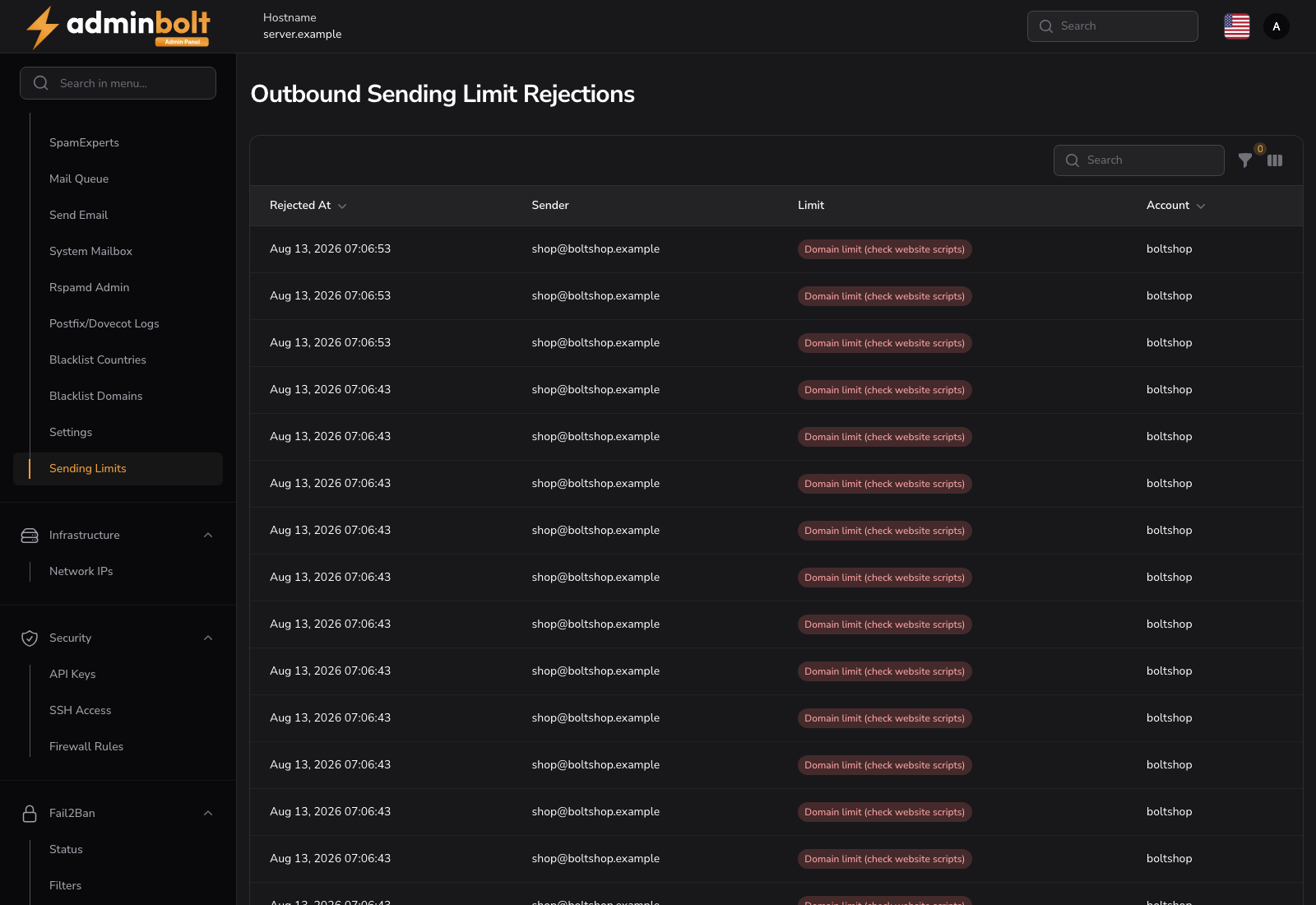 Outbound sending limit rejections with the sender, limit type, and account