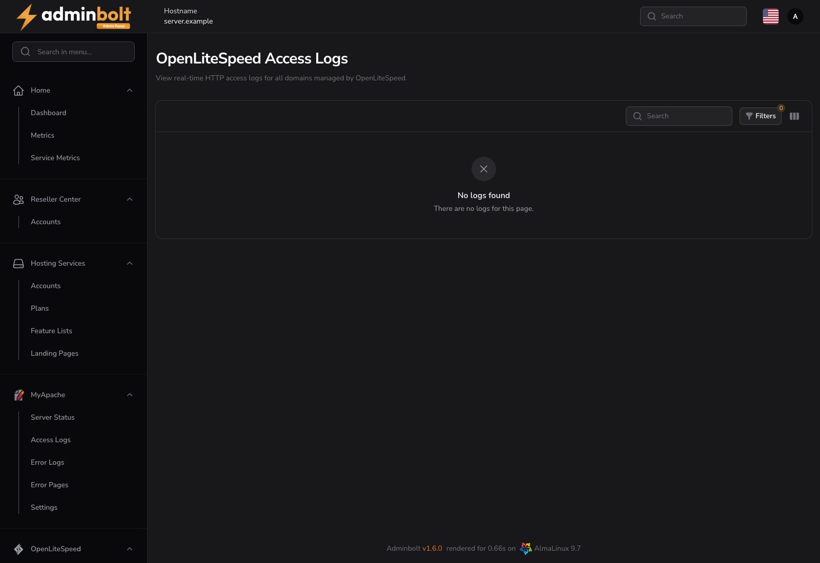 OpenLiteSpeed access logs page