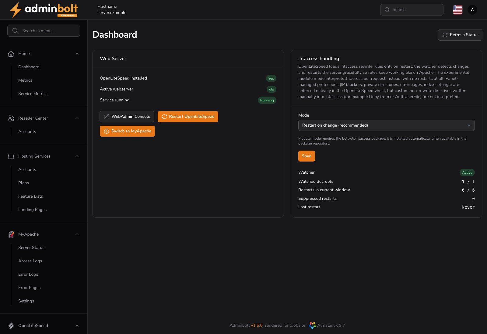 OpenLiteSpeed dashboard with the server active