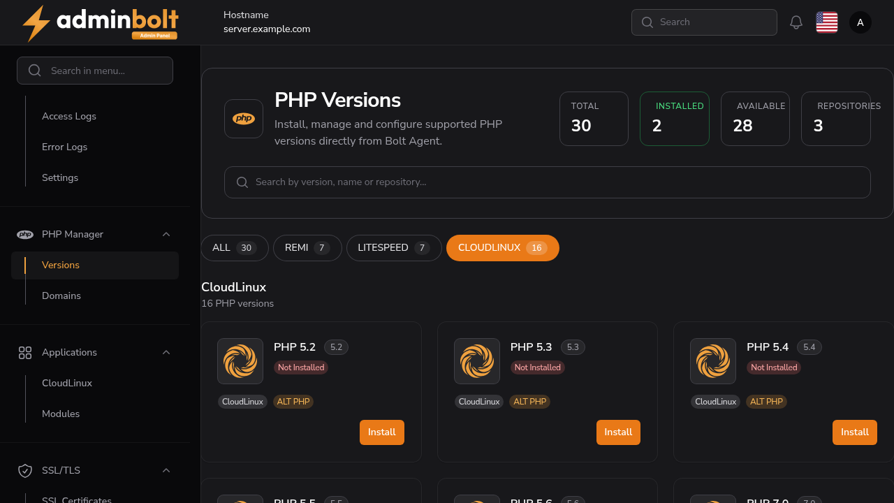 PHP Manager Versions filtered to the CloudLinux Alt-PHP repository