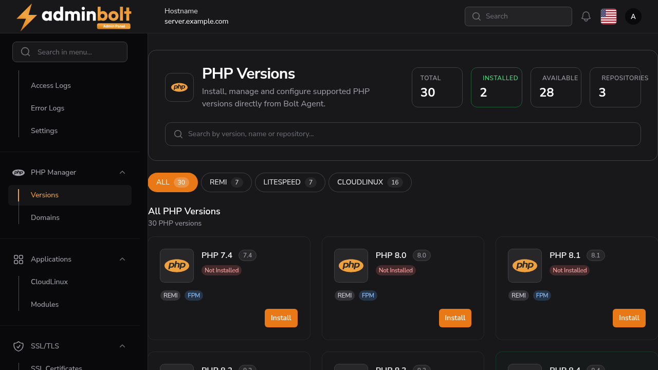 PHP Manager Versions page listing REMI, LiteSpeed, and CloudLinux repositories