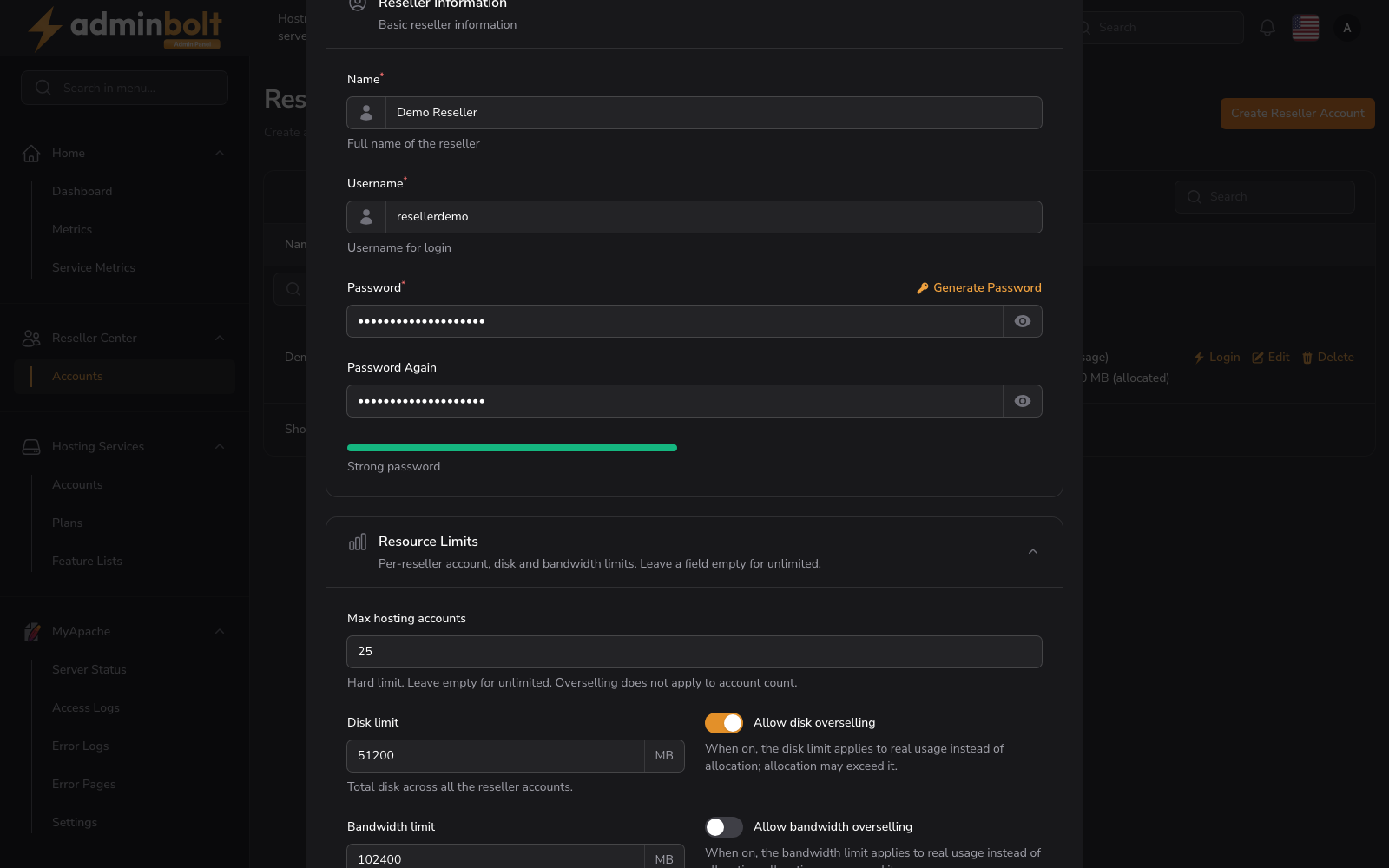 Create Reseller form with the Resource Limits section