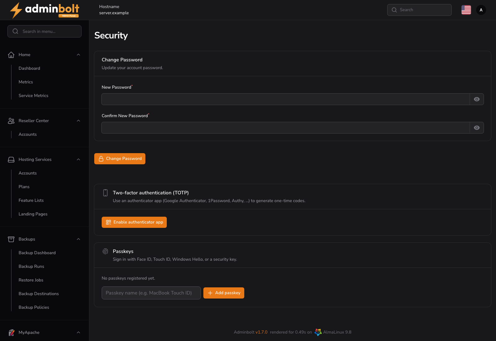 Admin Security page with two-factor authentication and passkeys