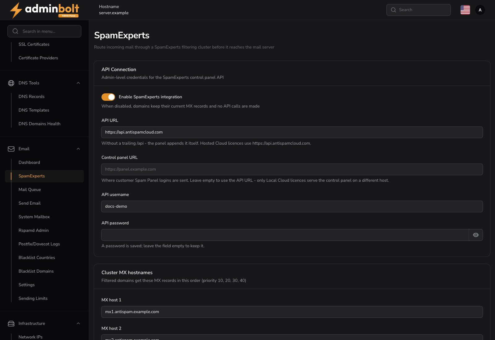 SpamExperts cluster settings in the admin panel