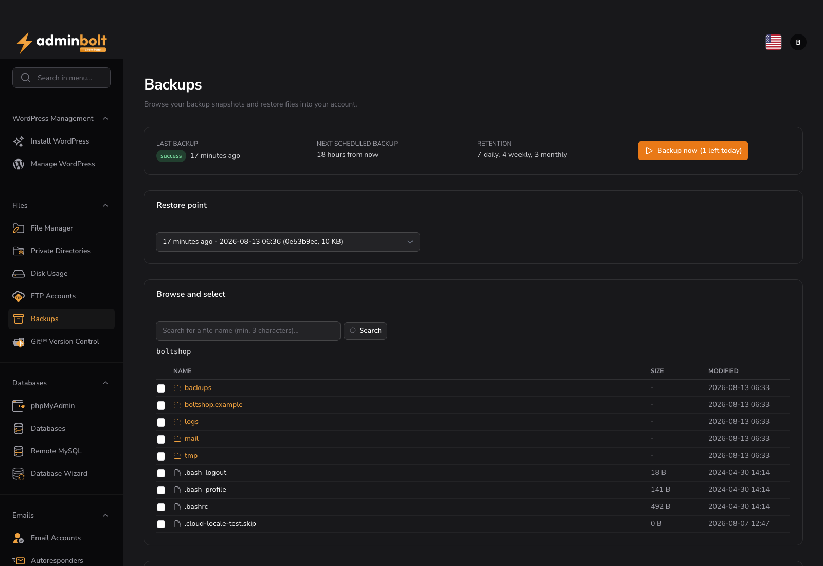 Client Backups page with the snapshot picker and file browser