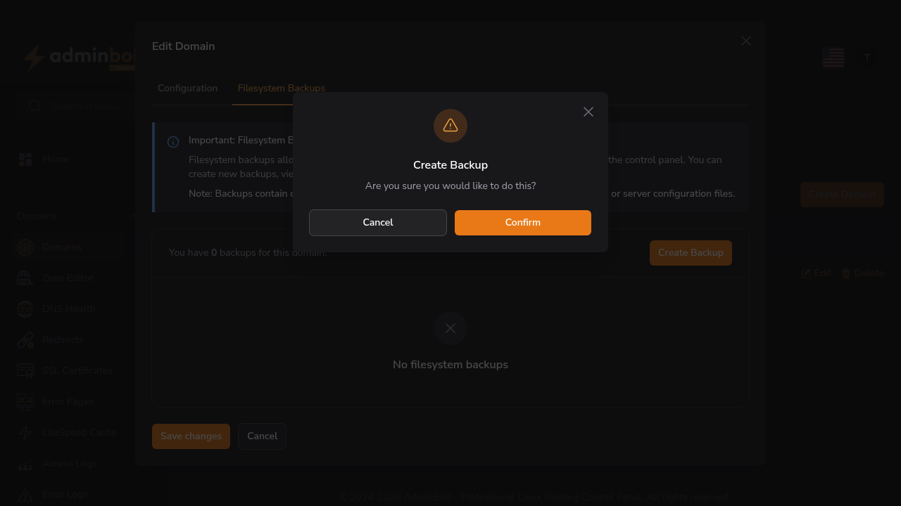 Create Backup confirmation