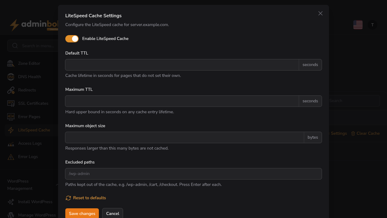 Per-domain LiteSpeed Cache settings: enable, TTL, object size, excluded paths