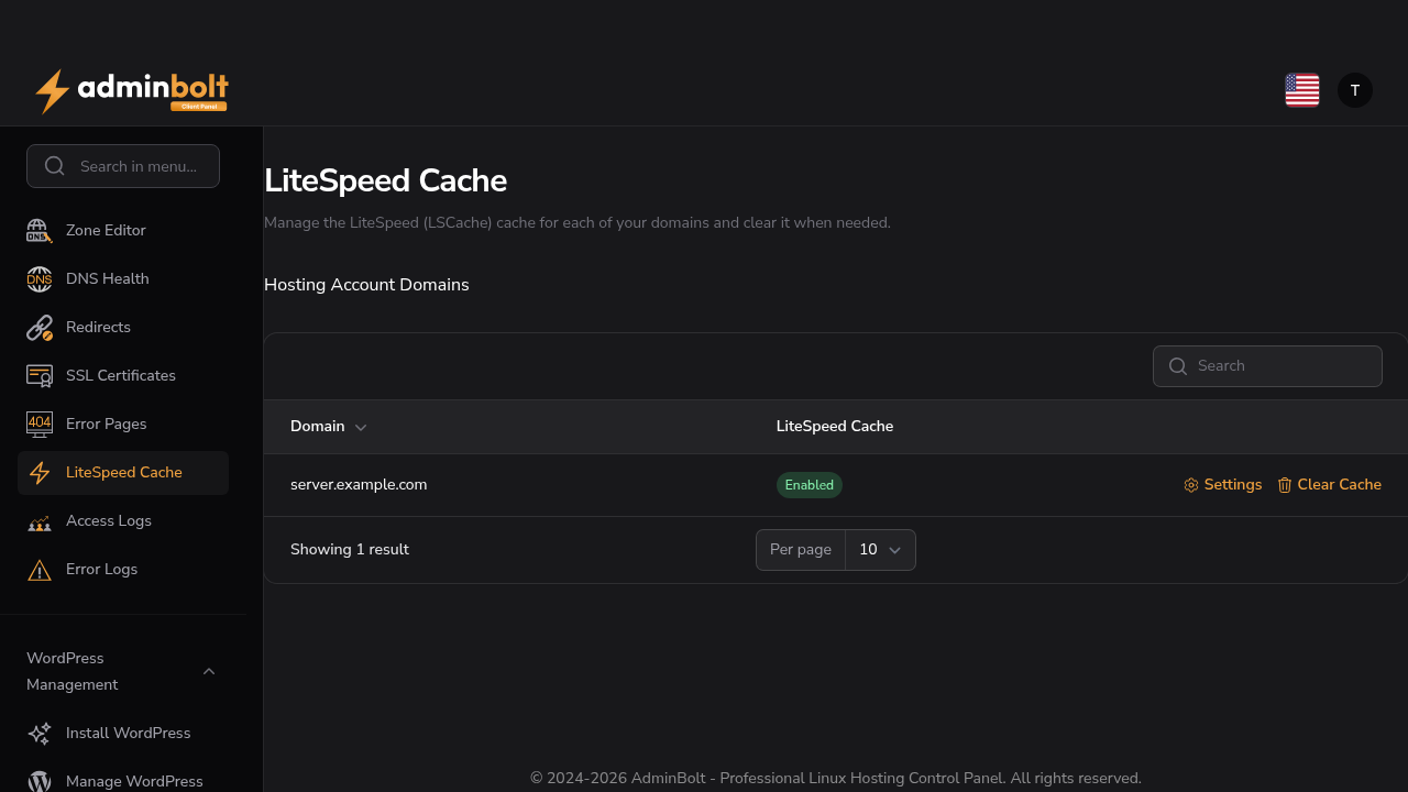 Client LiteSpeed Cache page listing domains with Settings and Clear Cache