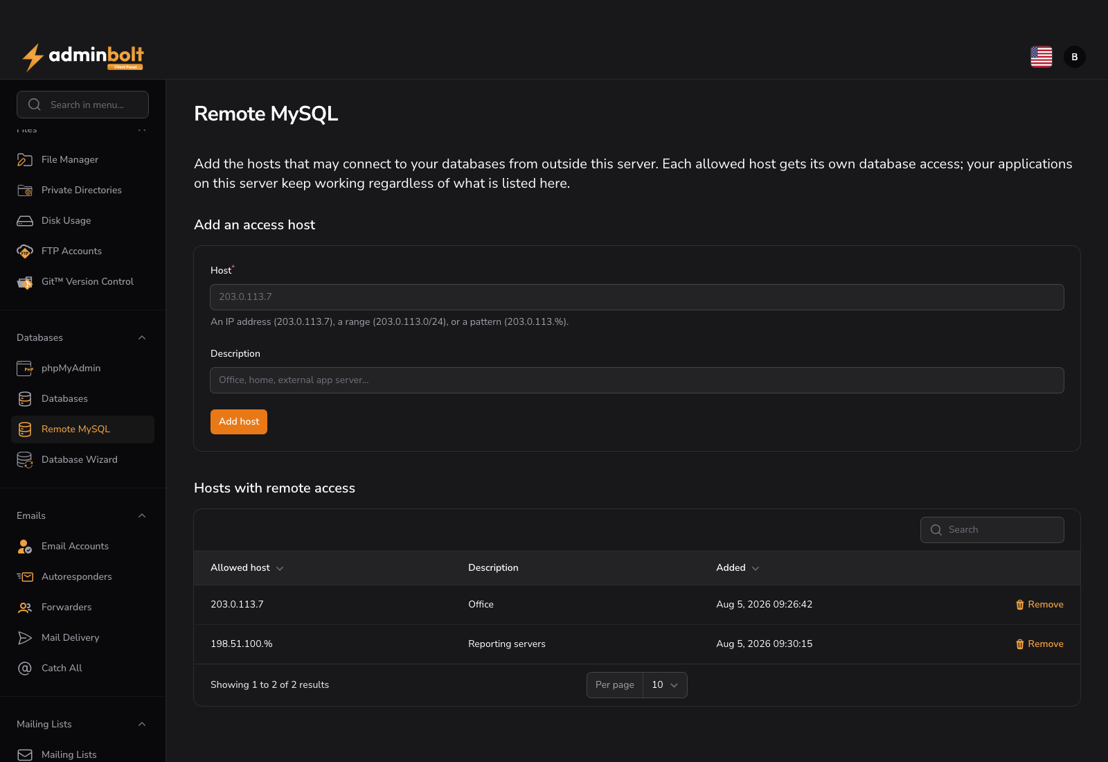 Remote MySQL page with the allowed hosts list