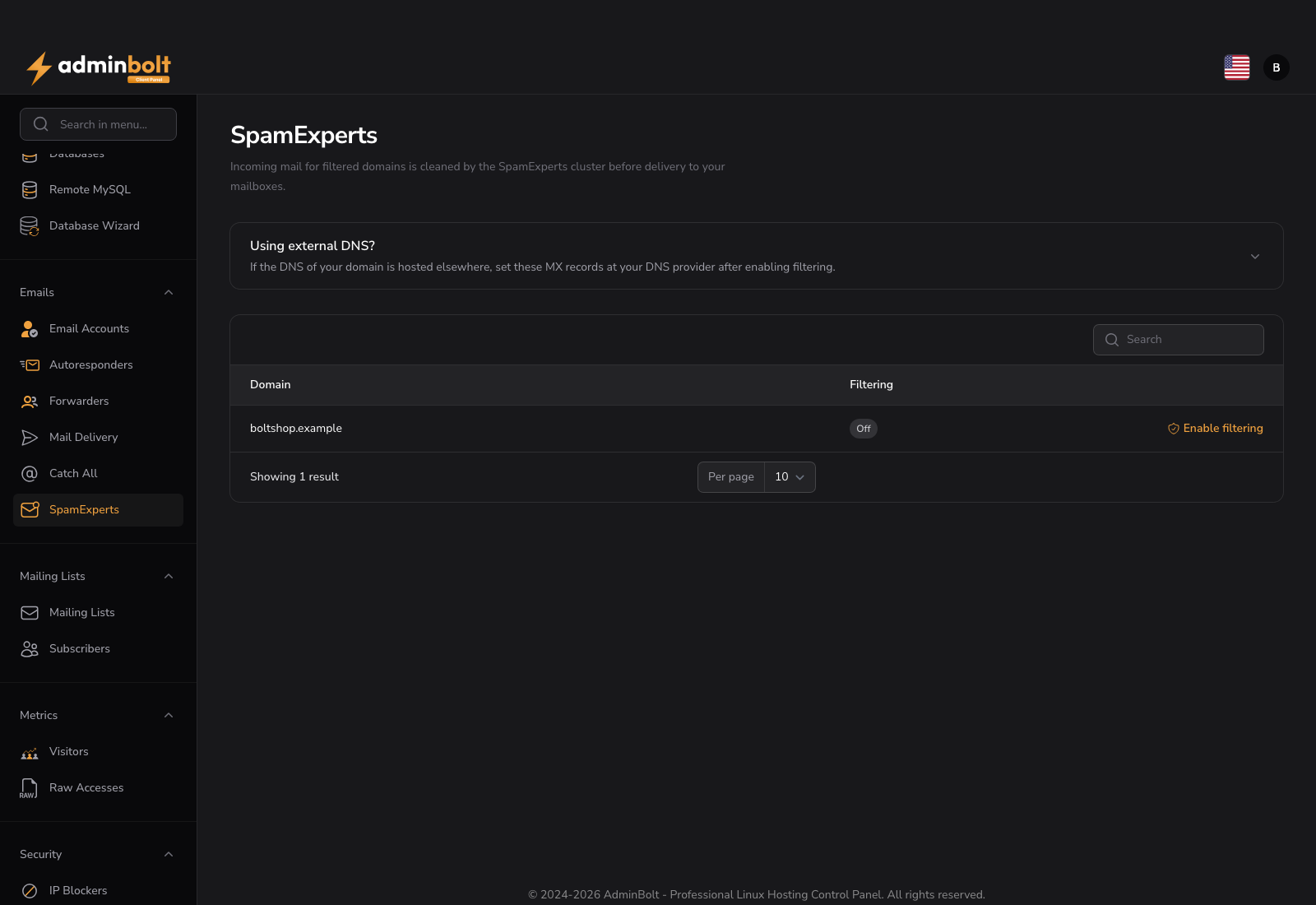 Client SpamExperts page with per-domain filtering