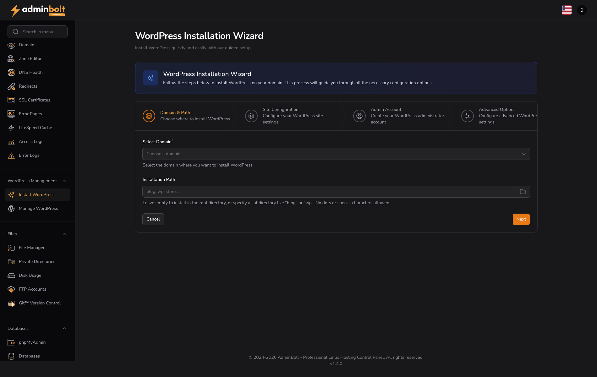 The WordPress installation wizard on its first step, showing the five step headers across the top