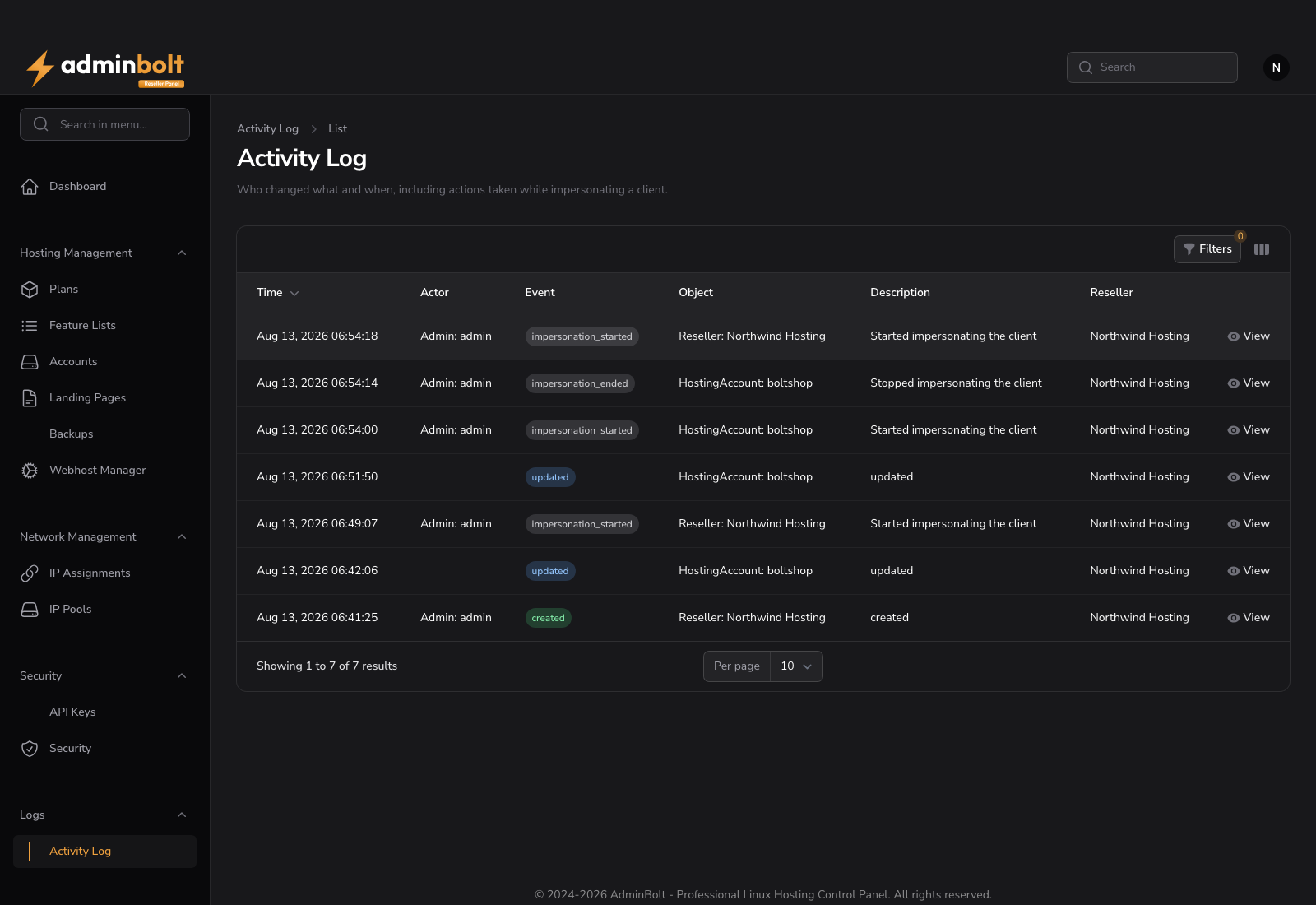 Reseller Activity Log scoped to the reseller's own accounts