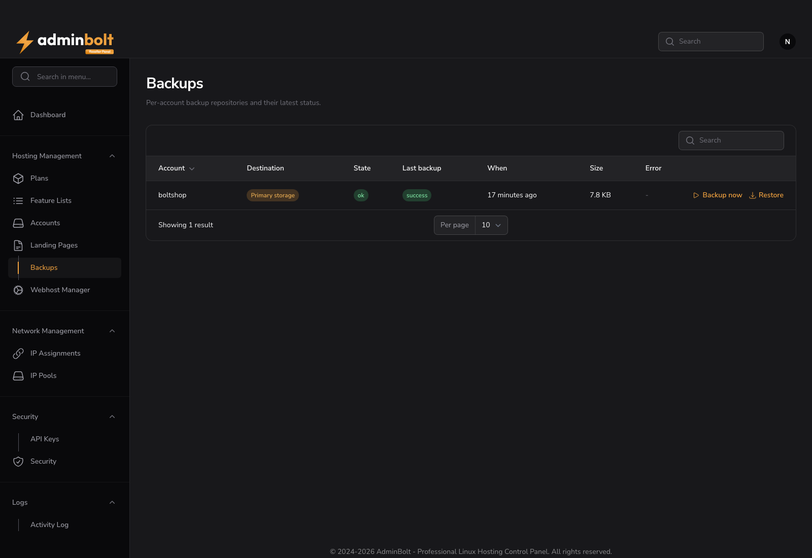 Reseller Backups dashboard scoped to the reseller's own accounts