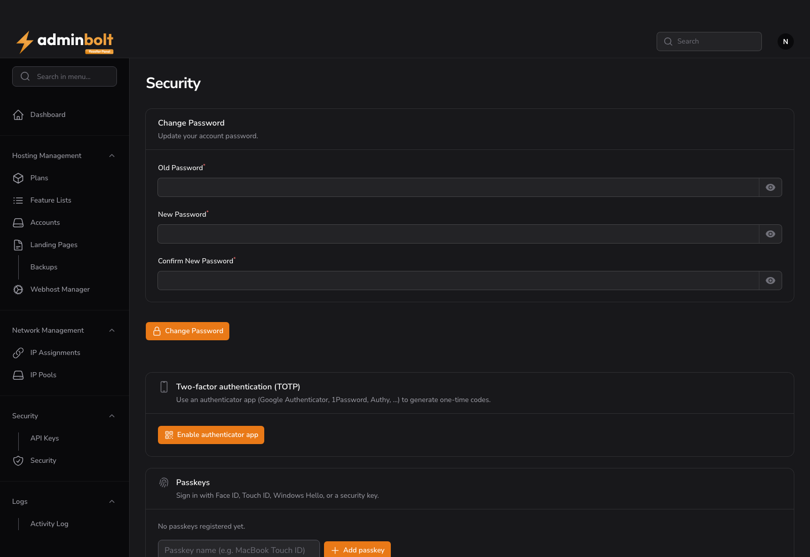 Reseller security page with two-factor authentication and passkeys