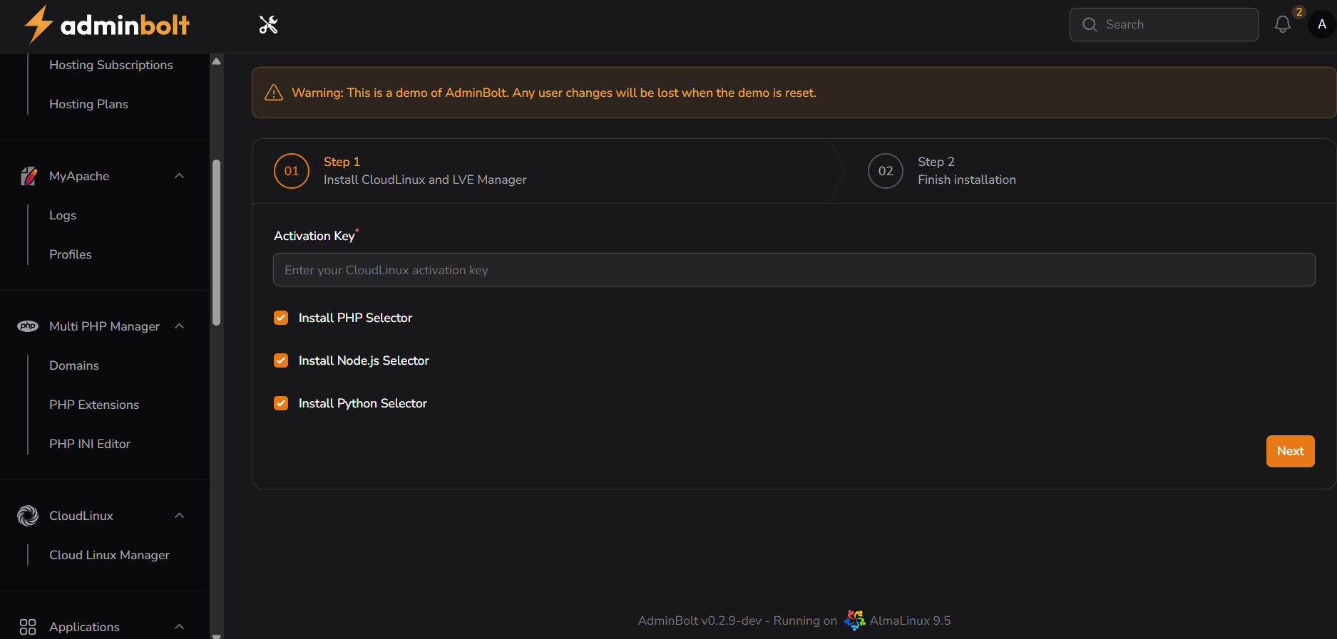 CloudLinux Manager Interface