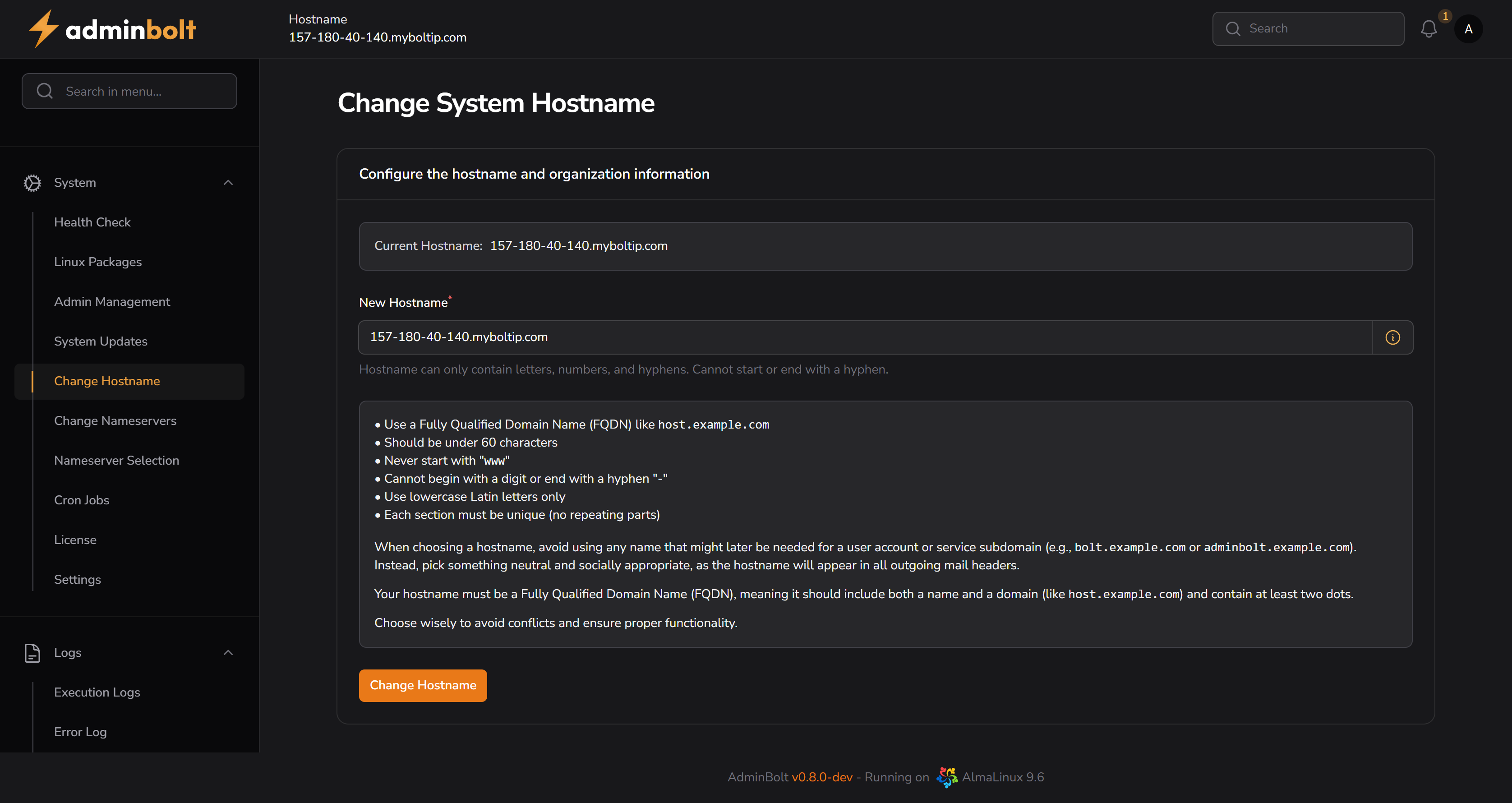 Change Hostname Page
