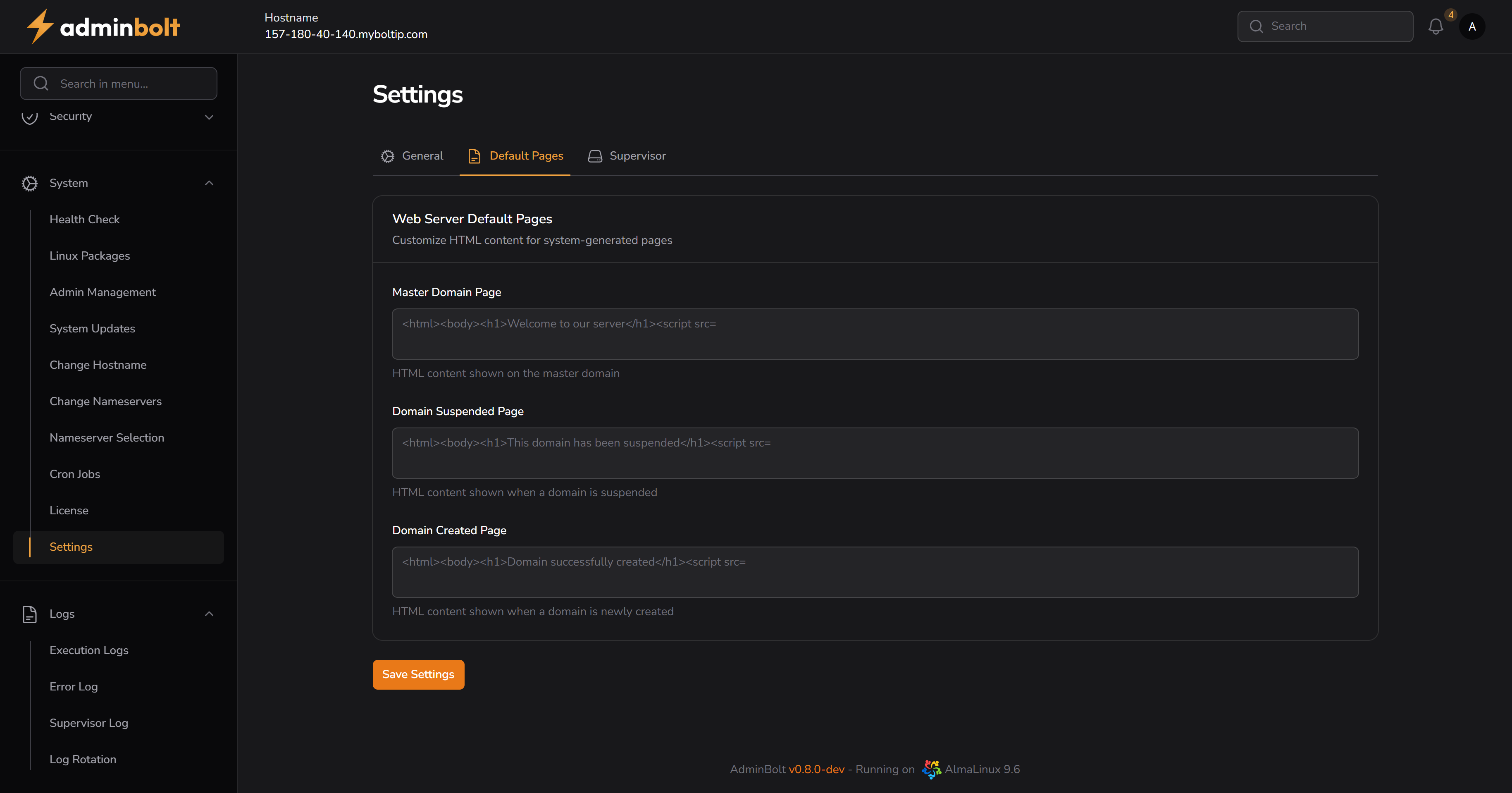 Settings - Default Pages Tab