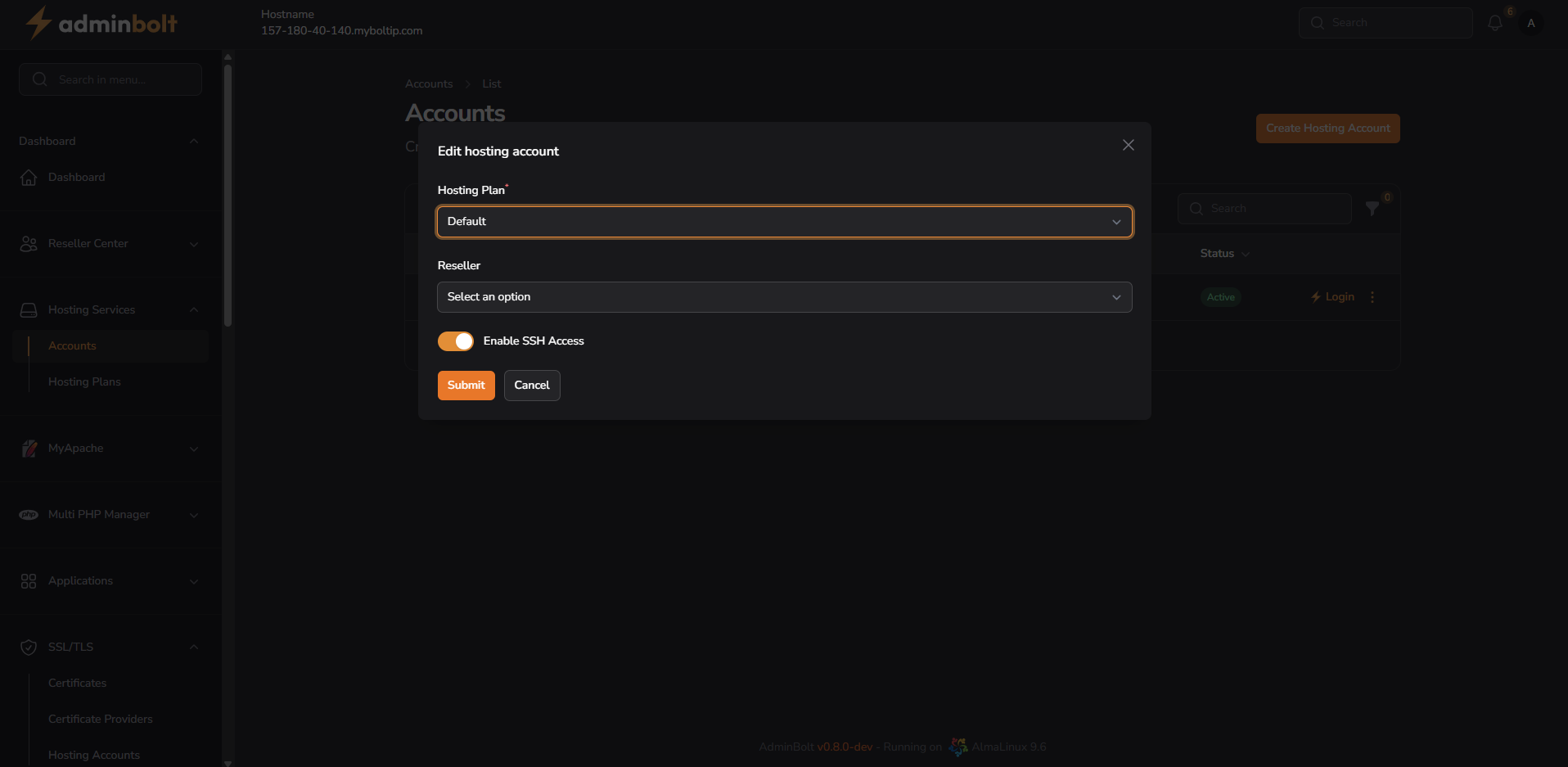 Edit Hosting Account