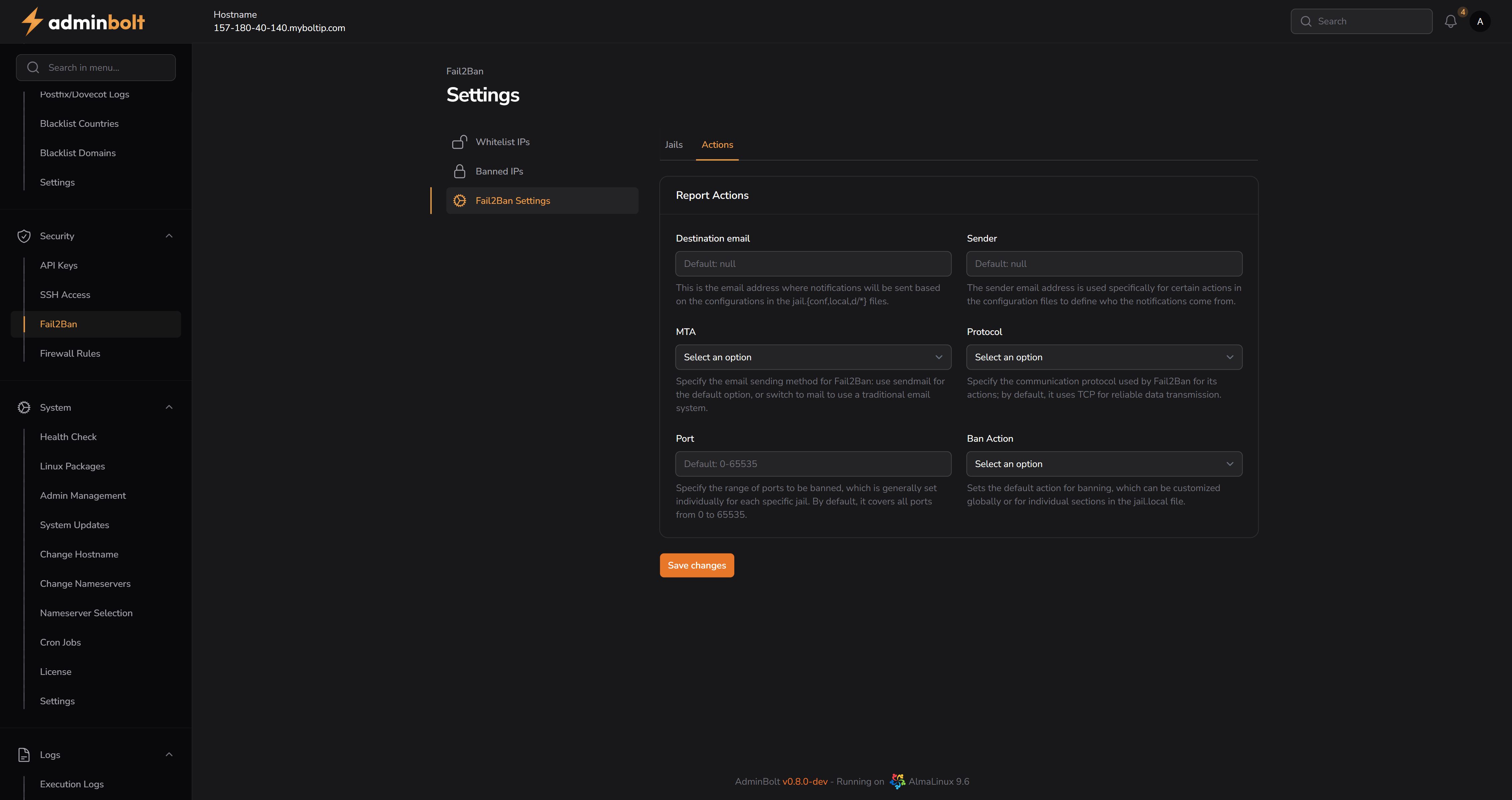 Fail2Ban Settings - Actions Tab