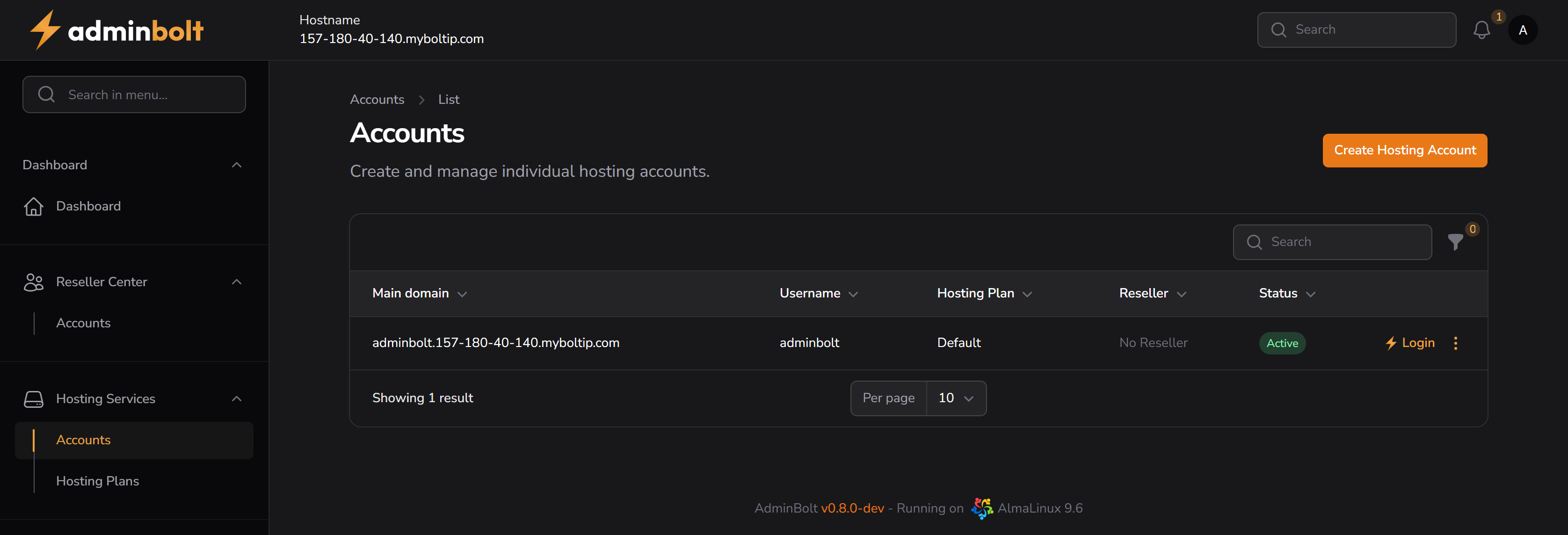 Hosting Accounts Page