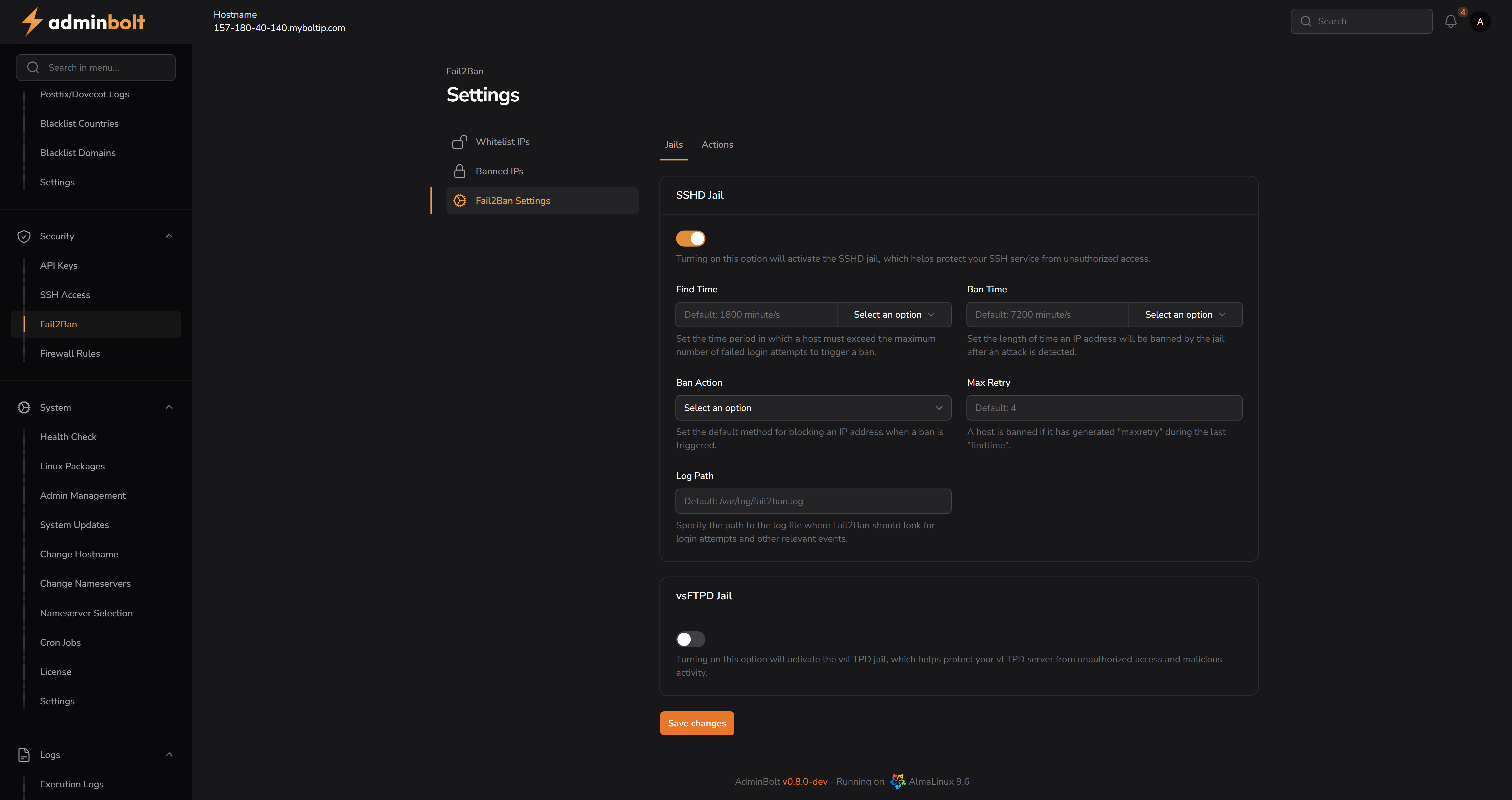 Fail2Ban Settings - Jails Tab